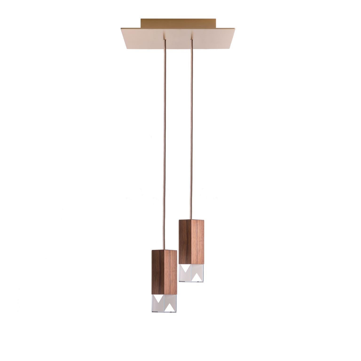 Lamp One Wood Duet Chandelier by Formaminima
Dimensions: D30 x W30 x H 68 cm (adjustable height, please contact us).
Materials: Body lamps: handcrafted solid Canaletto walnut wood, matt oil finish
Crystal diffusers, Limoges biscuit-finish porcelain