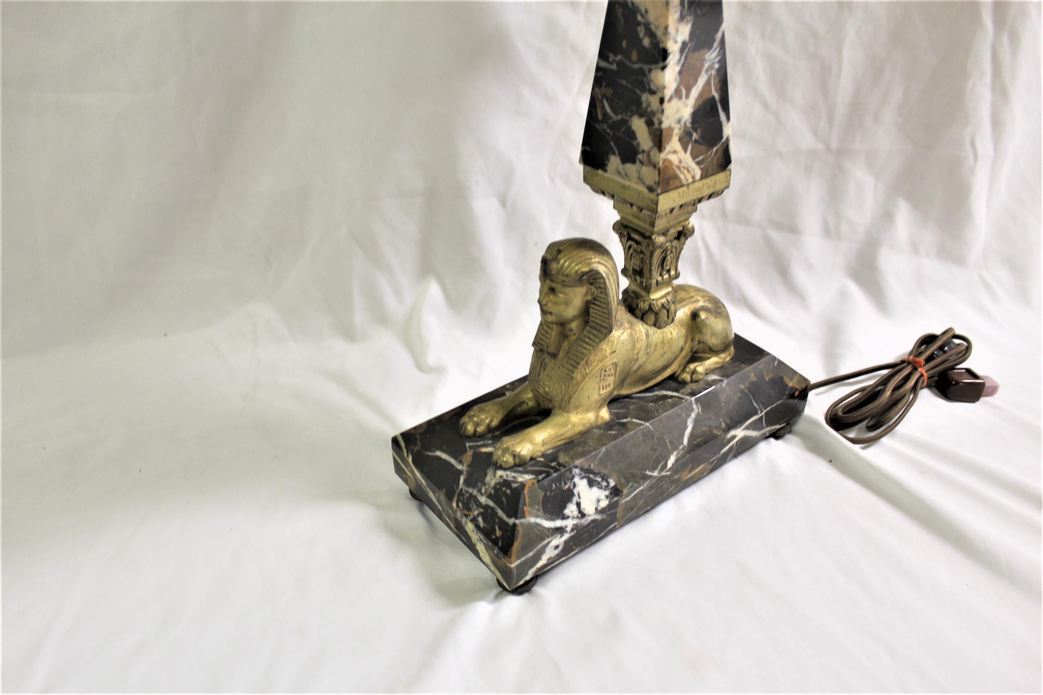 Bronze Lamp, Orignal Egyptian Revival, Sphynx, Tent Shade, Orignal Marble Base For Sale