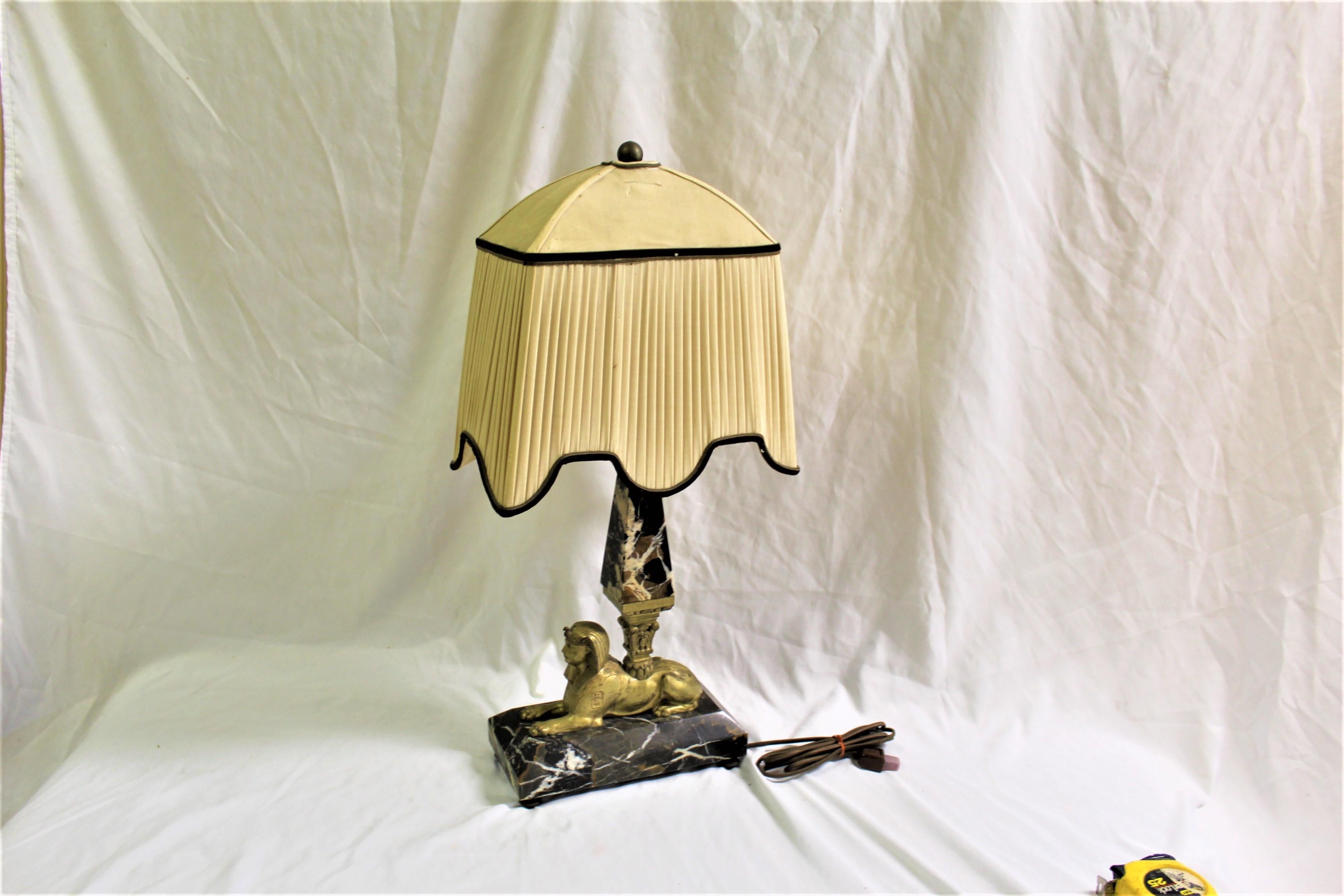 Lamp, Orignal Egyptian Revival, Sphynx, Tent Shade, Orignal Marble Base In Good Condition For Sale In Los Angeles, CA