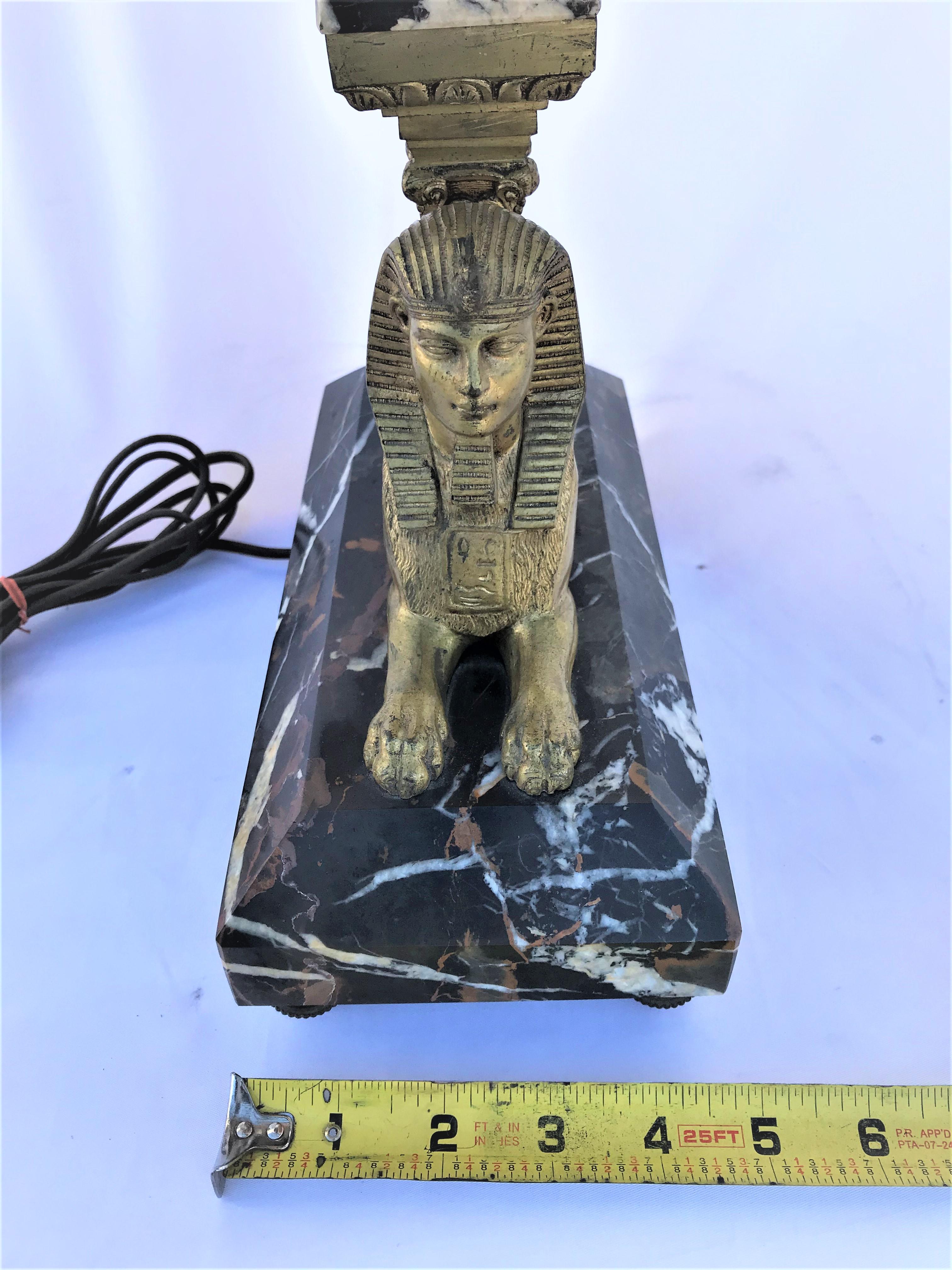 Cast Lamp, Orignal Egyptian Revival, Sphynx, Tent Shade, Orignal Marble Base For Sale