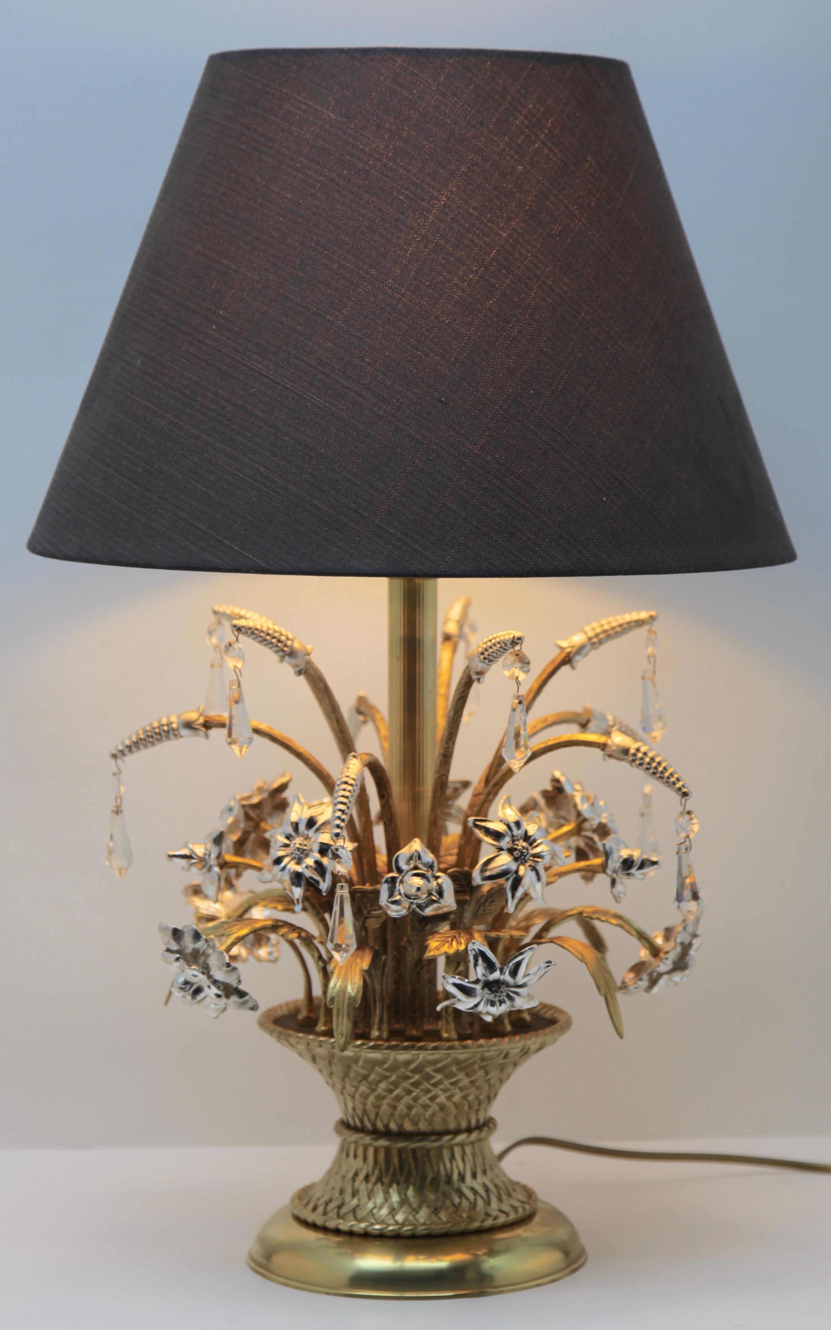 French Lamp Representing a Bouquet of Brass and Silver Metal Flowers in a Basket, 1960s For Sale
