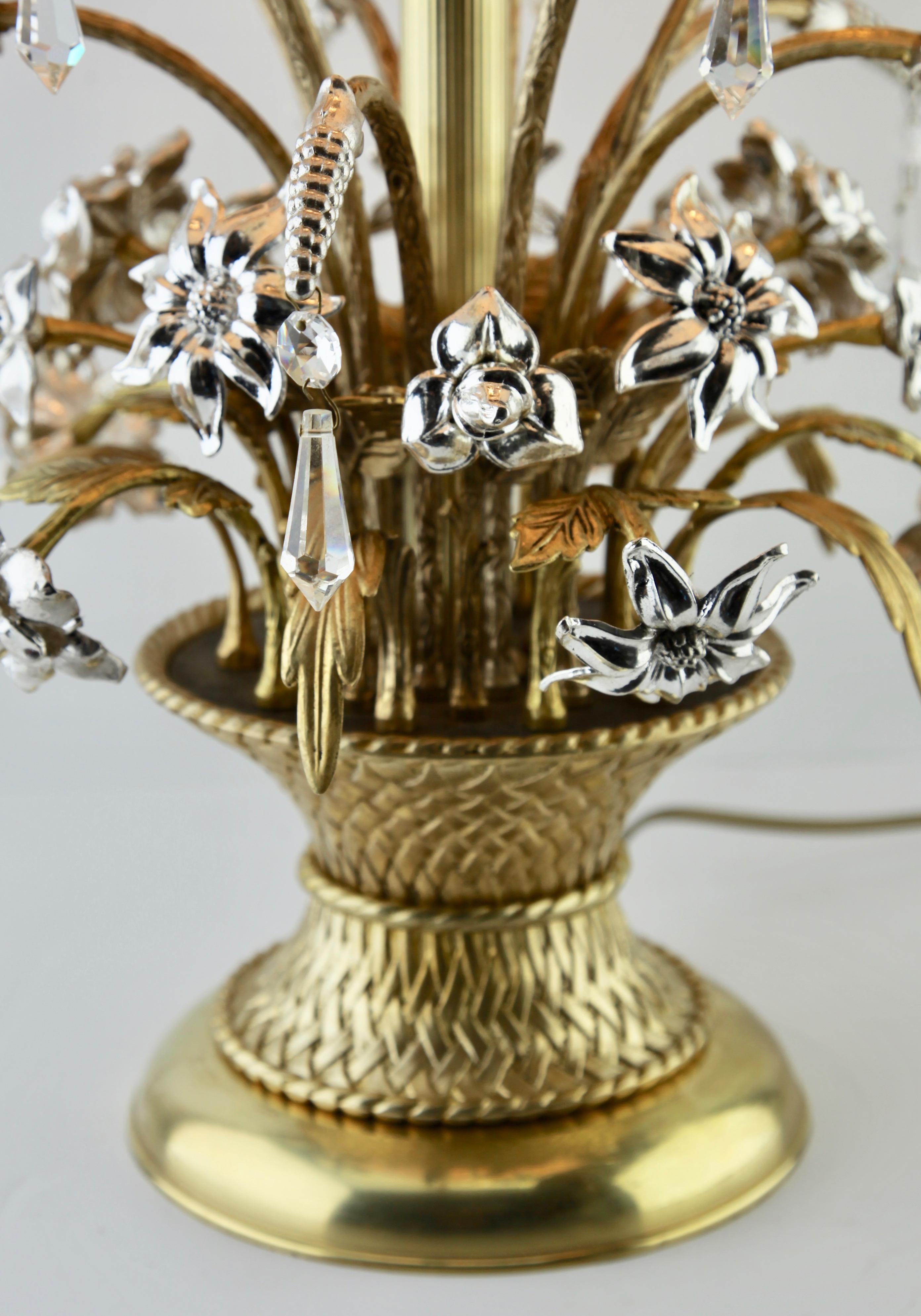 Lamp Representing a Bouquet of Brass and Silver Metal Flowers in a Basket, 1960s In Good Condition For Sale In Verviers, BE