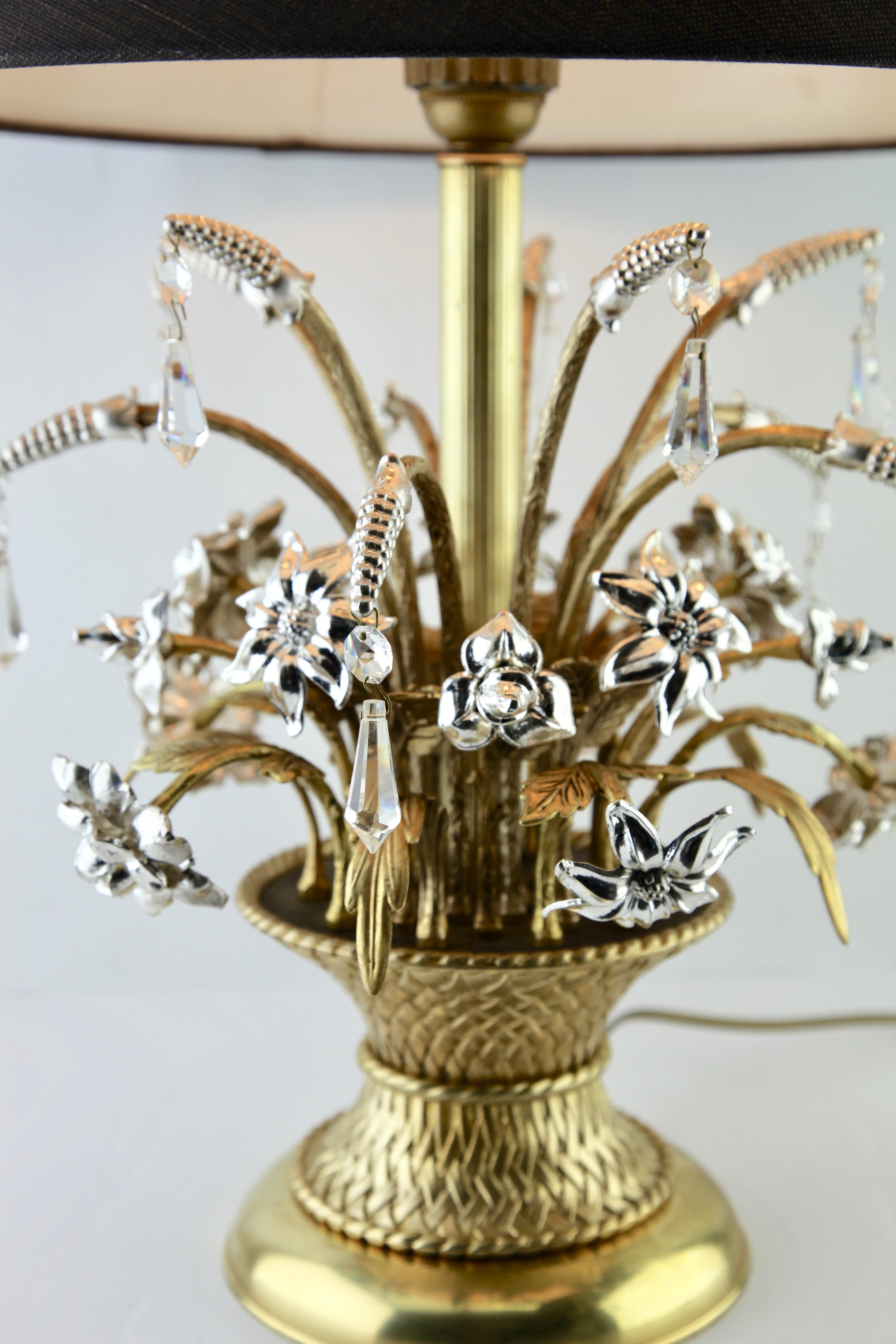 Mid-20th Century Lamp Representing a Bouquet of Brass and Silver Metal Flowers in a Basket, 1960s For Sale