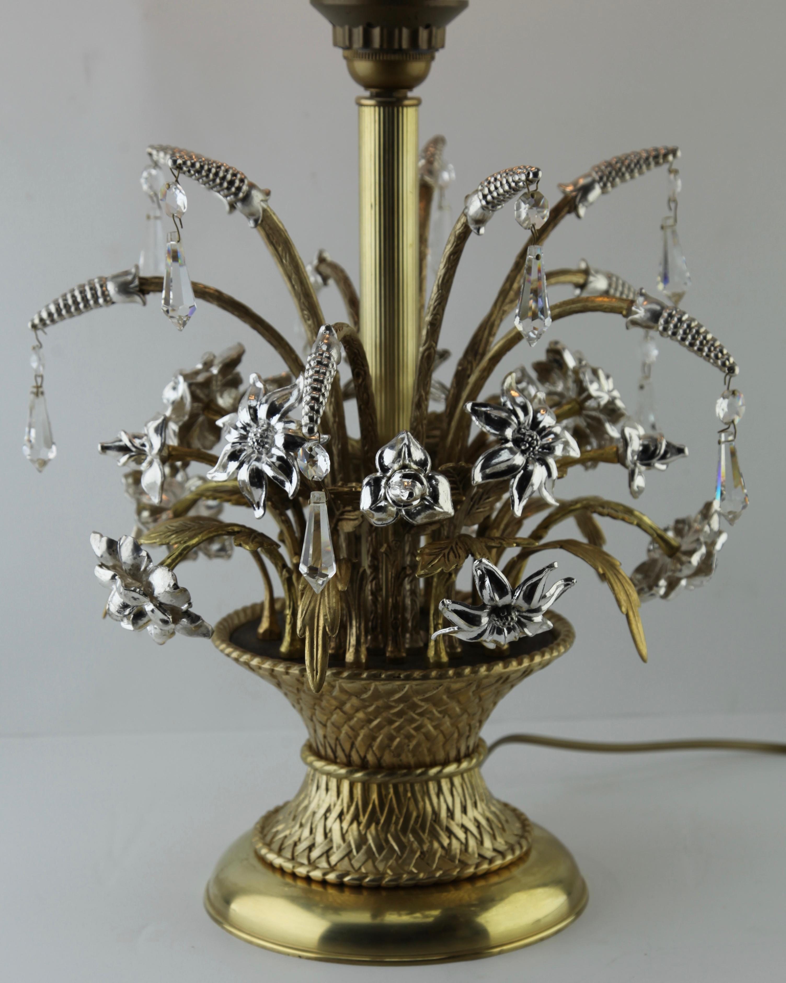 Silver Plate Lamp Representing a Bouquet of Brass and Silver Metal Flowers in a Basket, 1960s For Sale