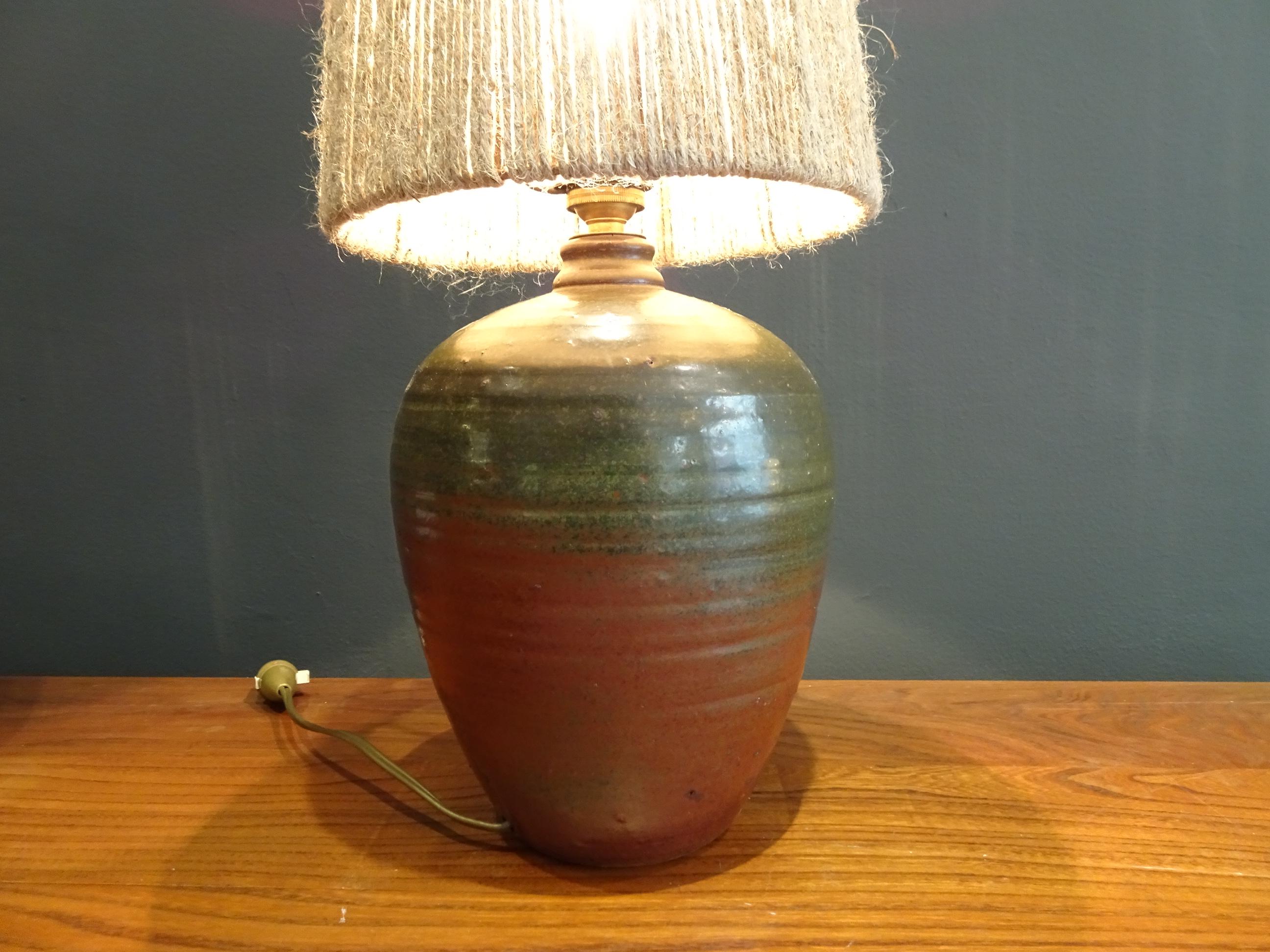 Mid-Century Modern Lamp Signed in Glazed Stoneware with Rope Lampshade