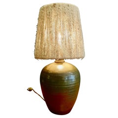 Retro Lamp Signed in Glazed Stoneware with Rope Lampshade