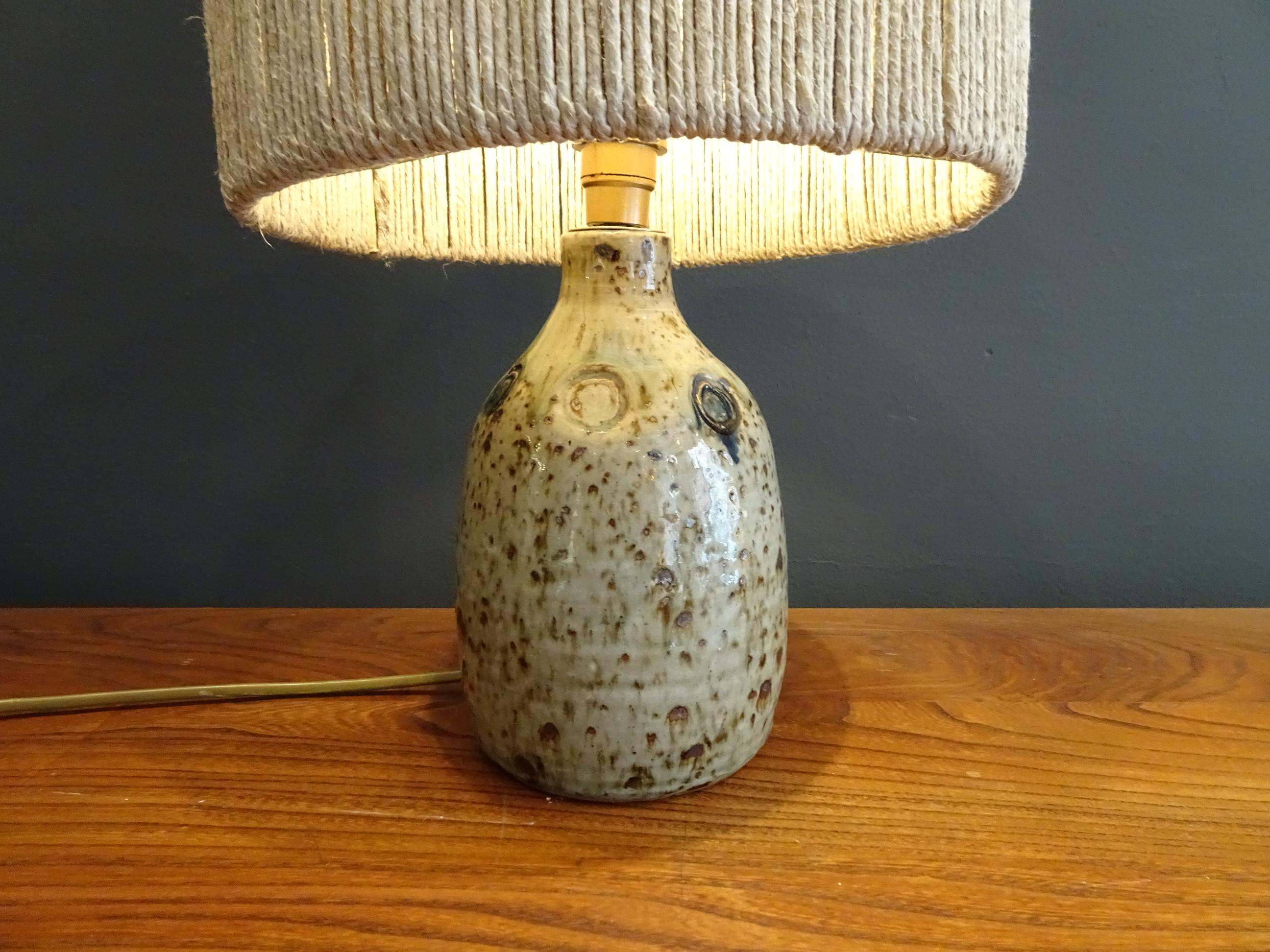 French Lamp Signed in Enameled Stoneware with Rope Lampshade