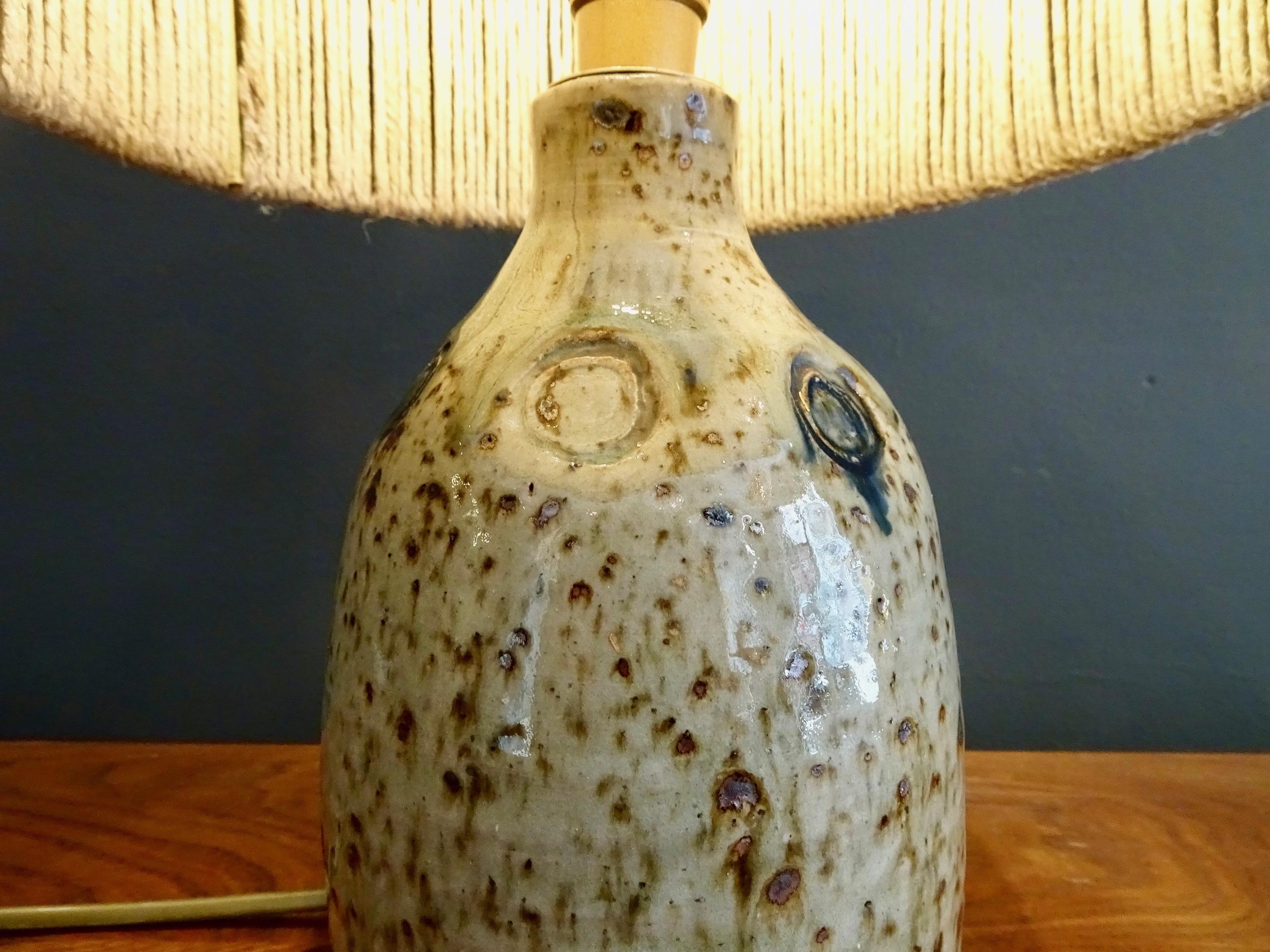 Mid-20th Century Lamp Signed in Enameled Stoneware with Rope Lampshade