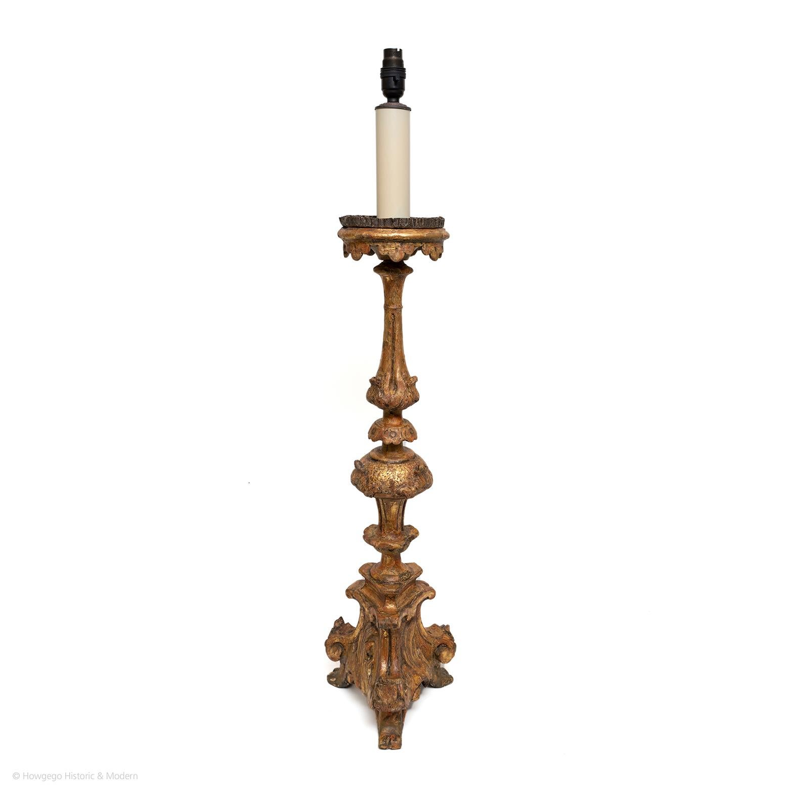 Baroque Lamp Table Candlestick Gilded Italian Triform Height to Top of Fitting For Sale