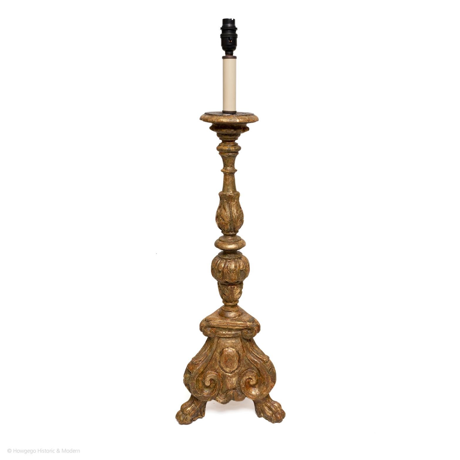 Fine, 18th Century, Italian, Carved & Gilded Pricket Candlestick Upcycled Into A Table Lamp, 31½” High

Finely carved with classical turnings and ornamentation, the gilding burnished to enhance the reflection of candlelight 
Injects classical