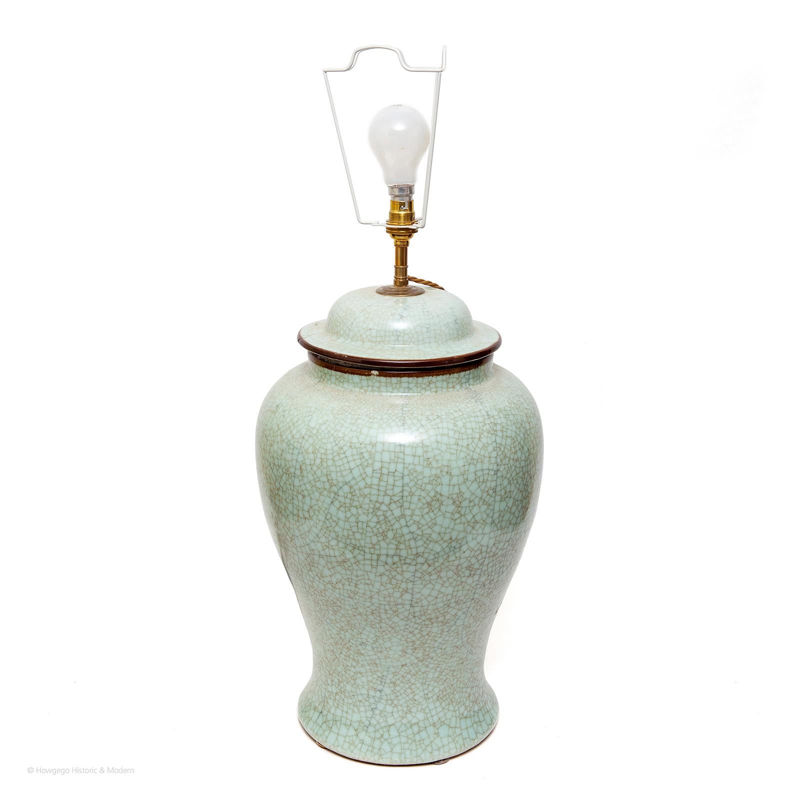 Chinese Export Lamp Table Celadon Vase with Lid Chinese Custom Shade For Sale