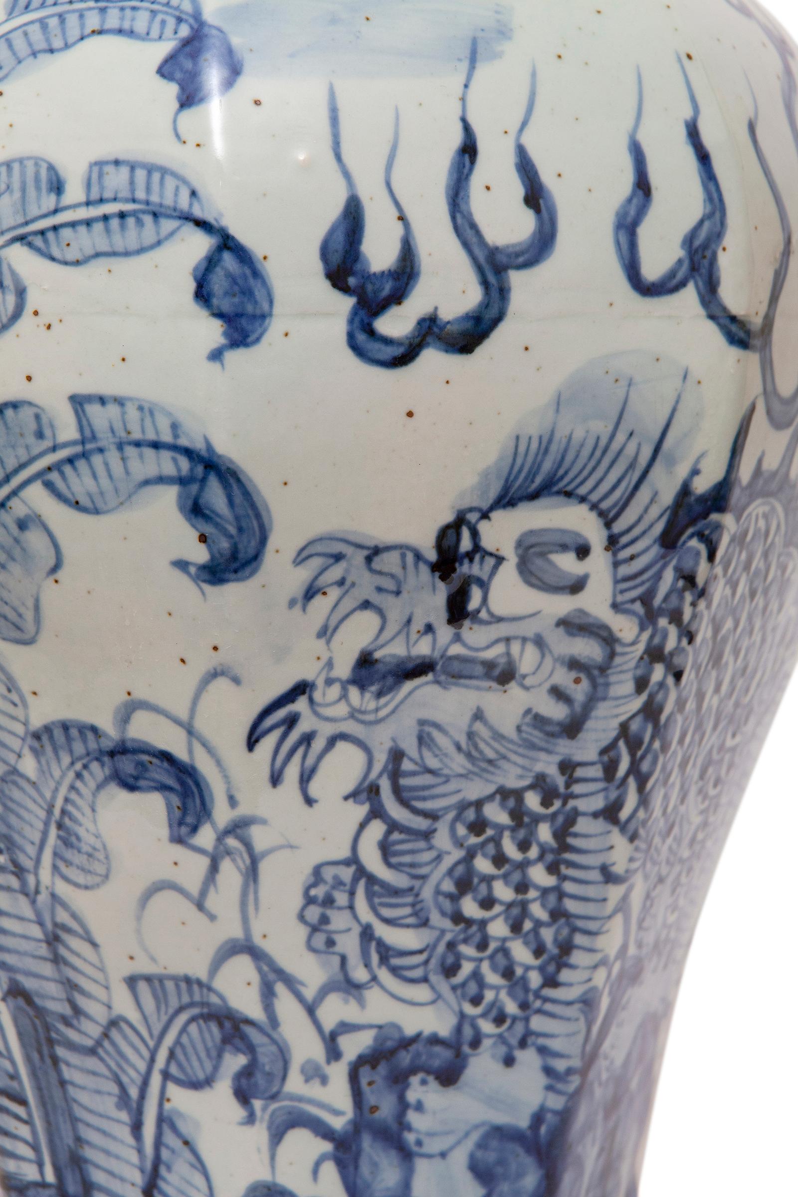 Chinese Export Lamp Table Chinese Porcelain Vase Blue and White Dragon Upcycled