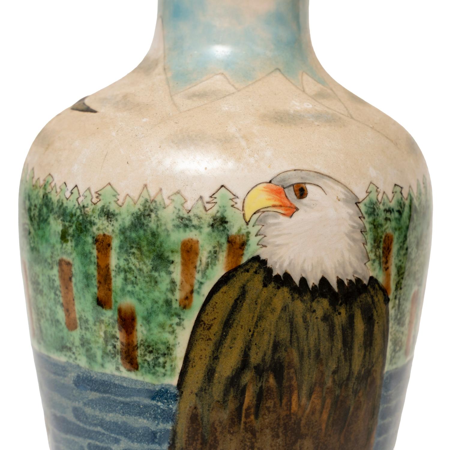 Late 20th Century Lamp Table Cobridge Stoneware Eagles Catching Fish Owl Narrative For Sale