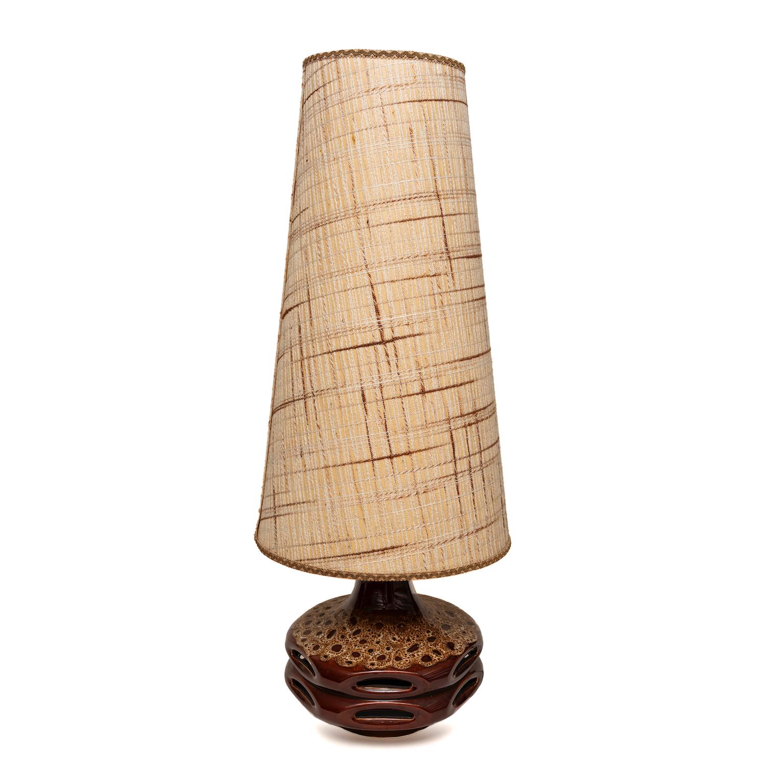 LArge, West German, Mid-Century Modern, brown & white, pierced & patterned, ceramic, hexagonal lava table lamp with original shade 93cm, 36½ inches high

Striking statement piece with the hexagonal form and the banded patterning and
