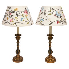 Lamp Table Pair Candlestick Ebonised Gilded Embroidery Shades