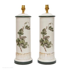 Lamp table pair porcelain white green trailing leaf stems gilded 17" high natura