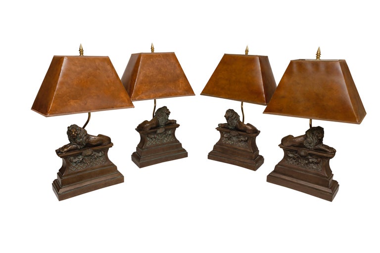 Neoclassical Lamp table set 4 four bronzed recumbent lion original tortoishell shade 14