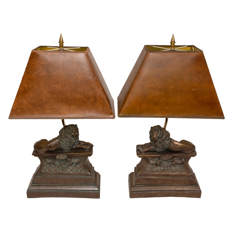 European Lamp table set 4 four bronzed recumbent lion original tortoishell shade 14