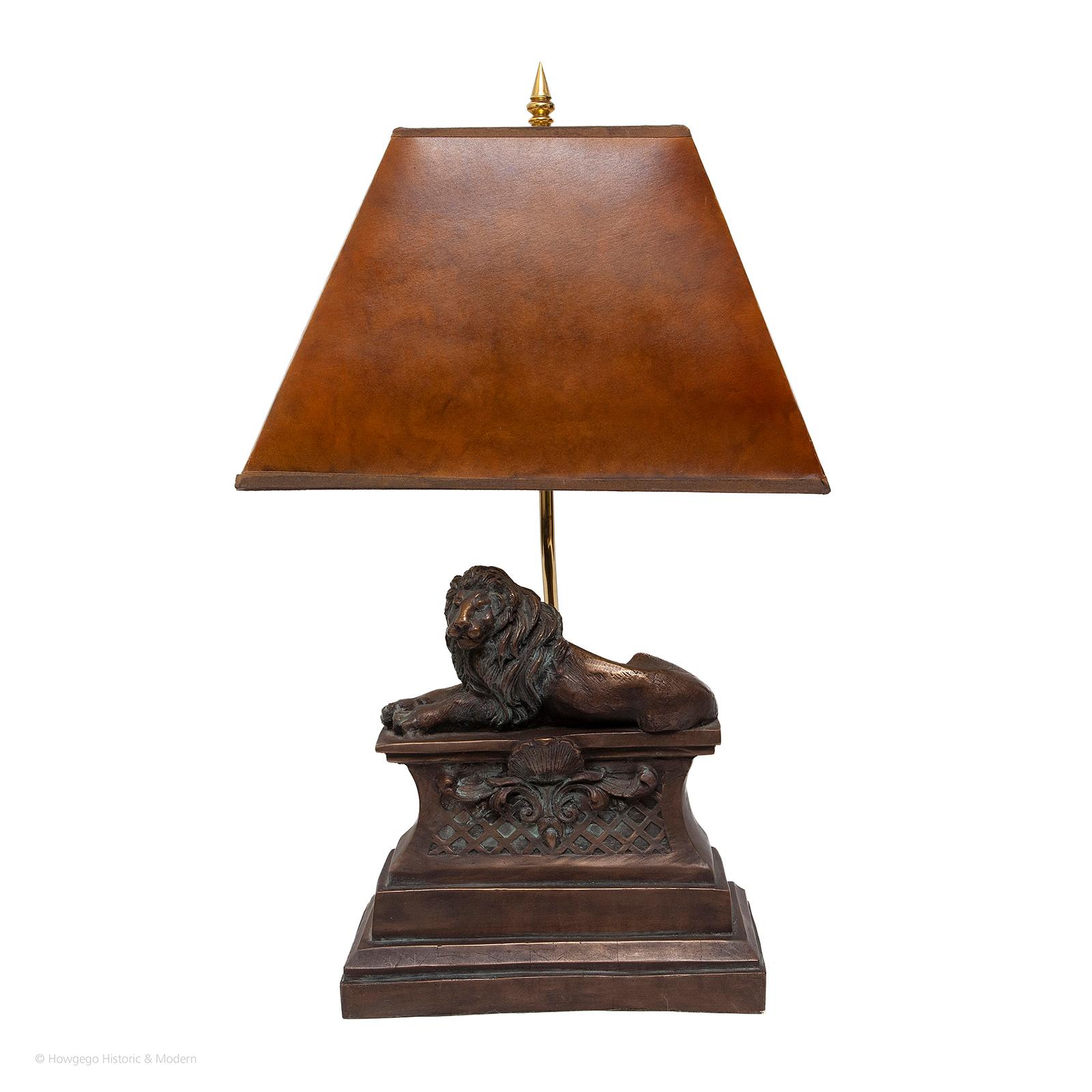 20th Century Lamp table set 4 four bronzed recumbent lion original tortoishell shade 14