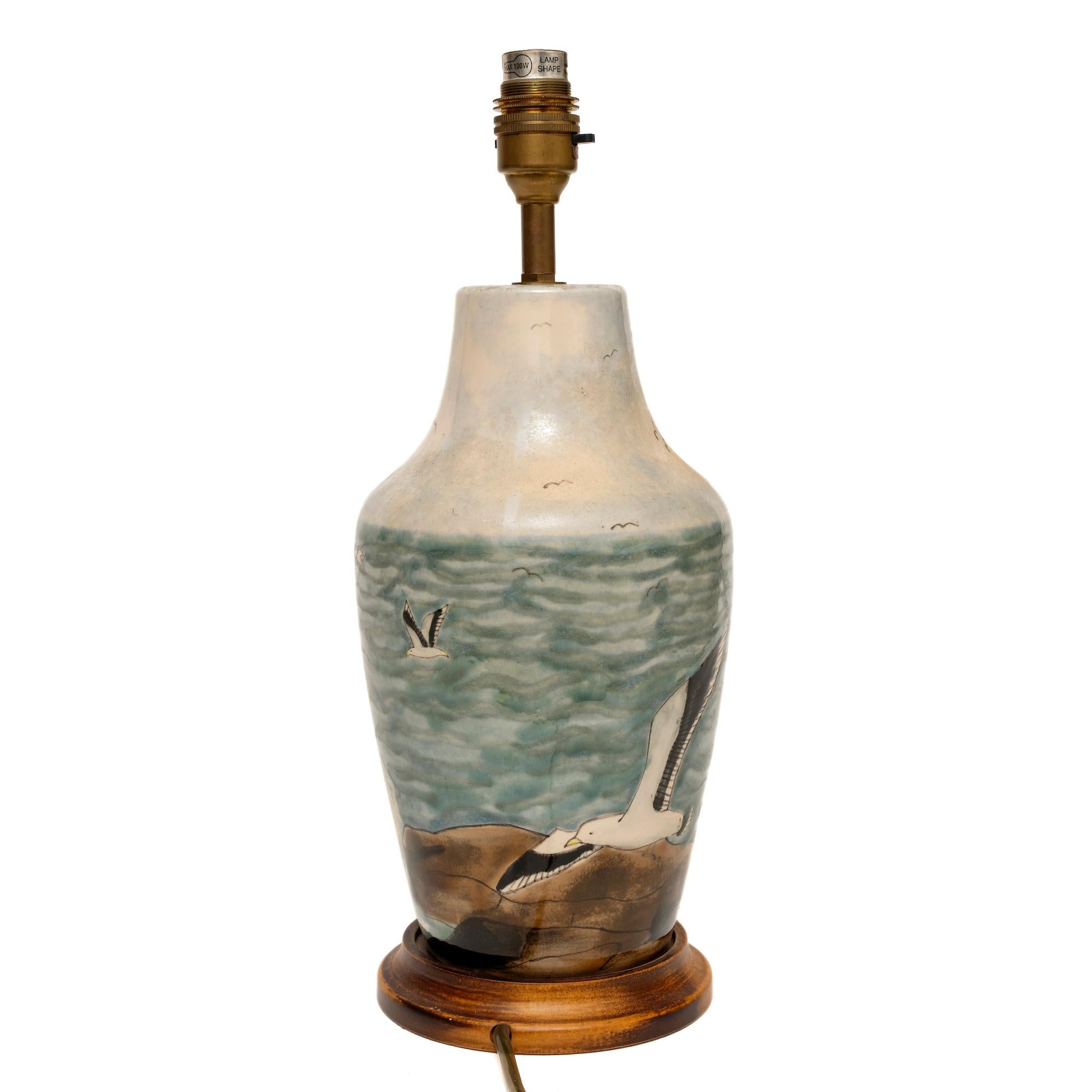 English Lamp Table Vase Cobridge Stoneware Trawler at Sea Seagulls Rock 37cm/14.5