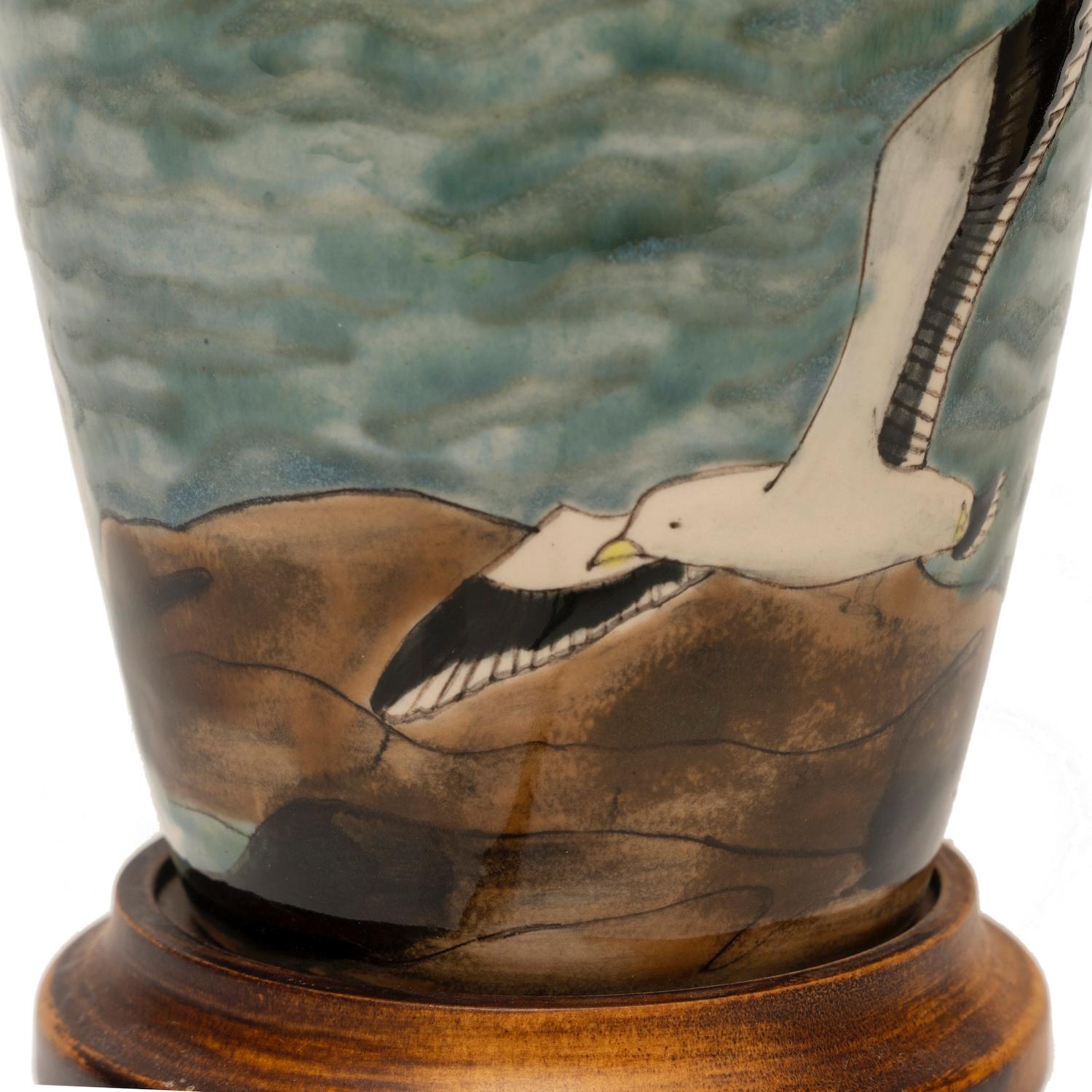 Hand-Painted Lamp Table Vase Cobridge Stoneware Trawler at Sea Seagulls Rock 37cm/14.5