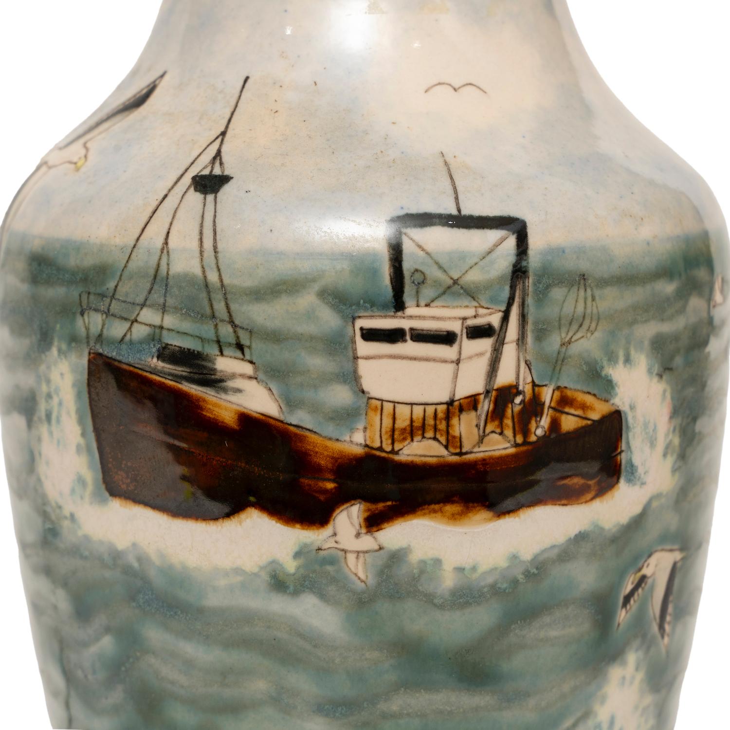 Lamp Table Vase Cobridge Stoneware Trawler at Sea Seagulls Rock 37cm/14.5