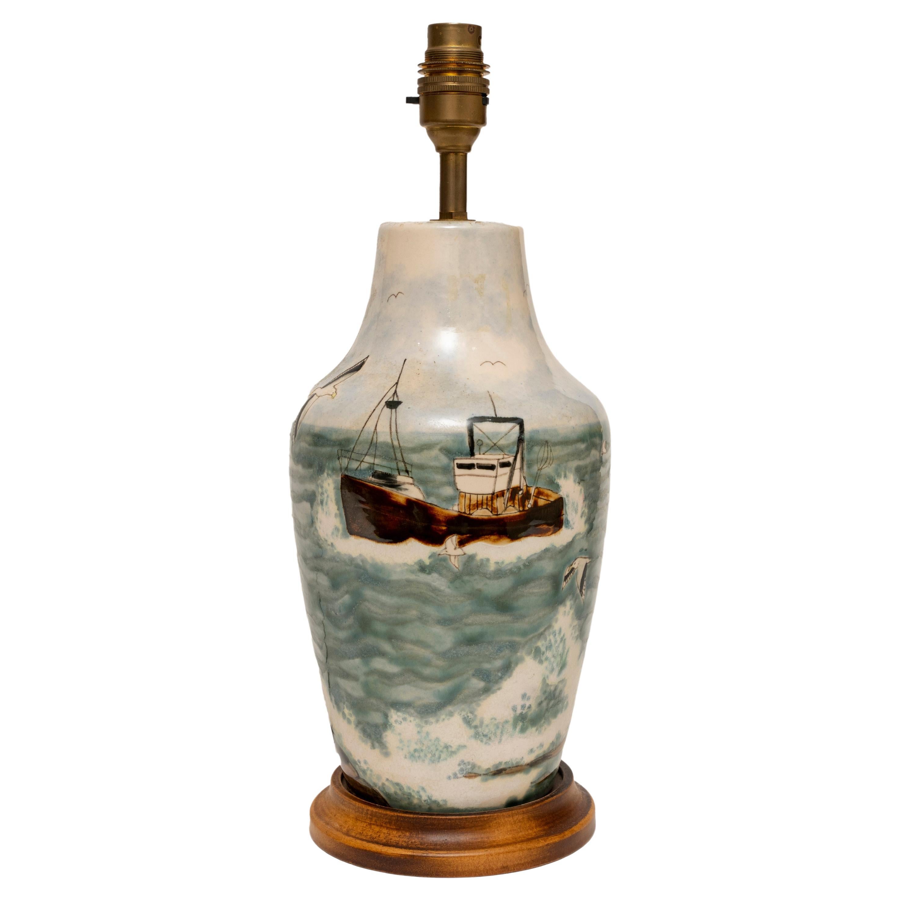 Lamp Table Vase Cobridge Stoneware Trawler at Sea Seagulls Rock 37cm/14.5" high For Sale