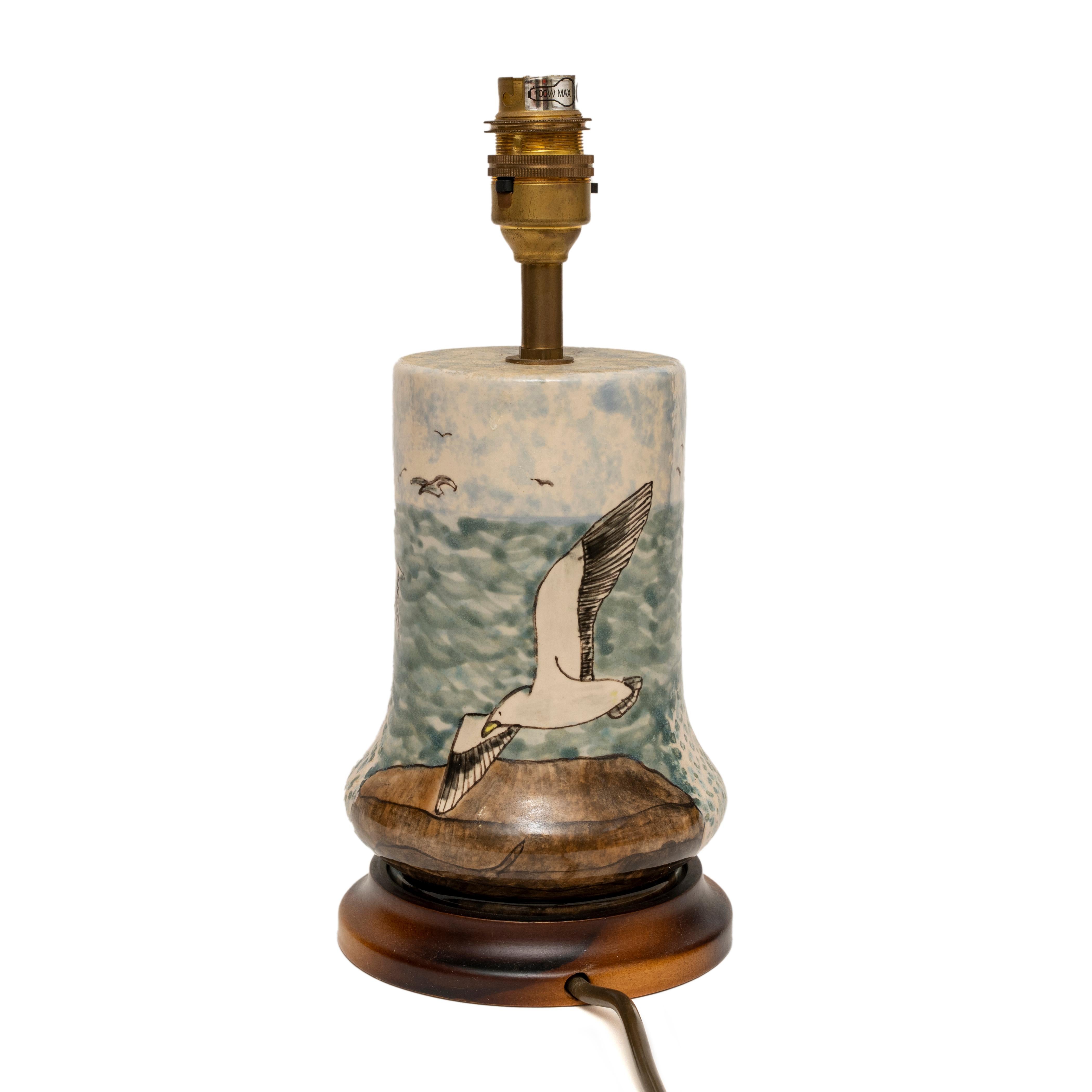 English Lamp Table Vase Cobridge Trawler at Sea Seagulls Rock For Sale