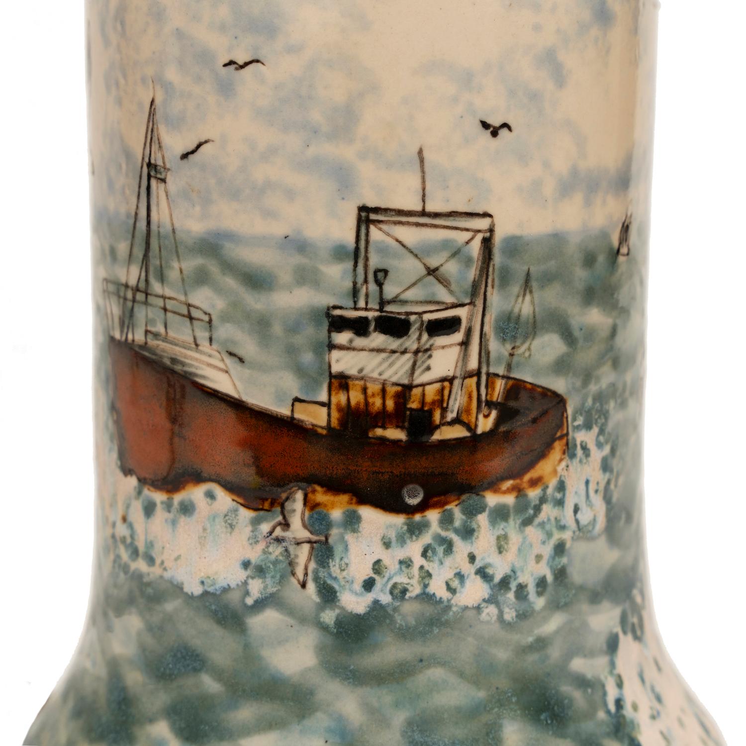 Late 20th Century Lamp Table Vase Cobridge Trawler at Sea Seagulls Rock For Sale