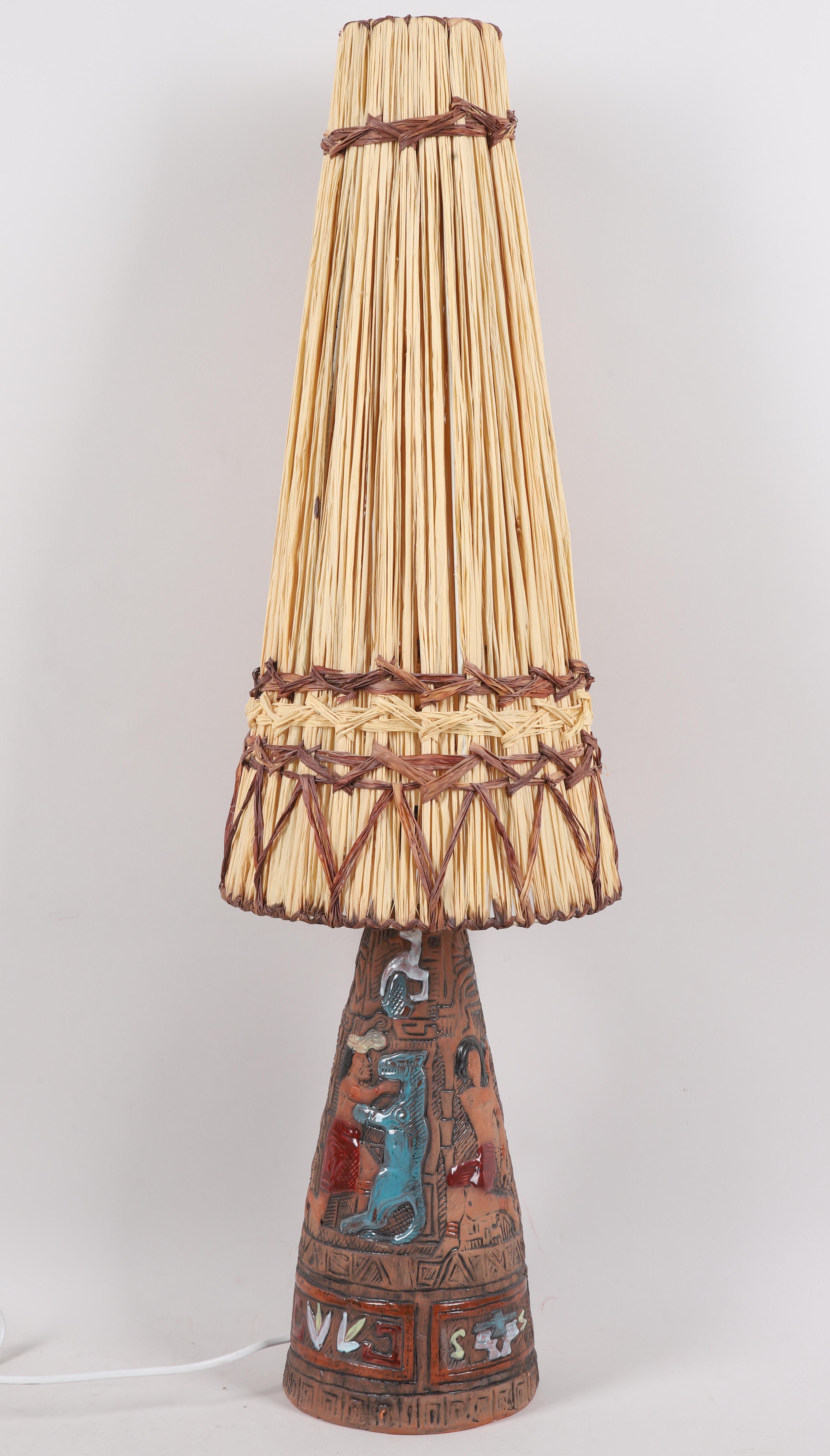 Lampe Tilgmans aus Keramik, mit originalem Raffia-Schirm, Schweden 1960 (Moderne der Mitte des Jahrhunderts) im Angebot