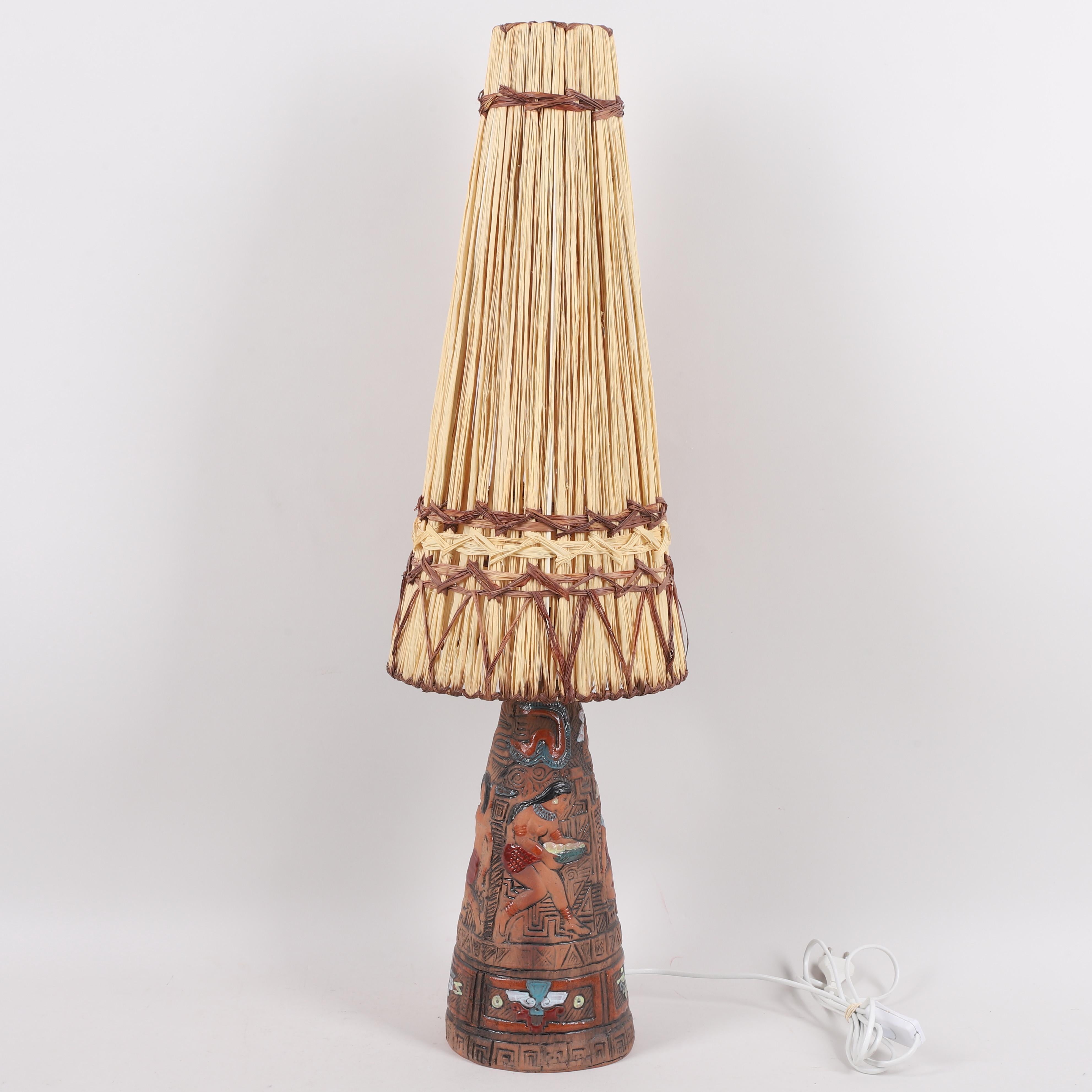 Mid-Century Modern Lamp Tilgmans ceramic, with original raffia shade Sweden 1960 For Sale