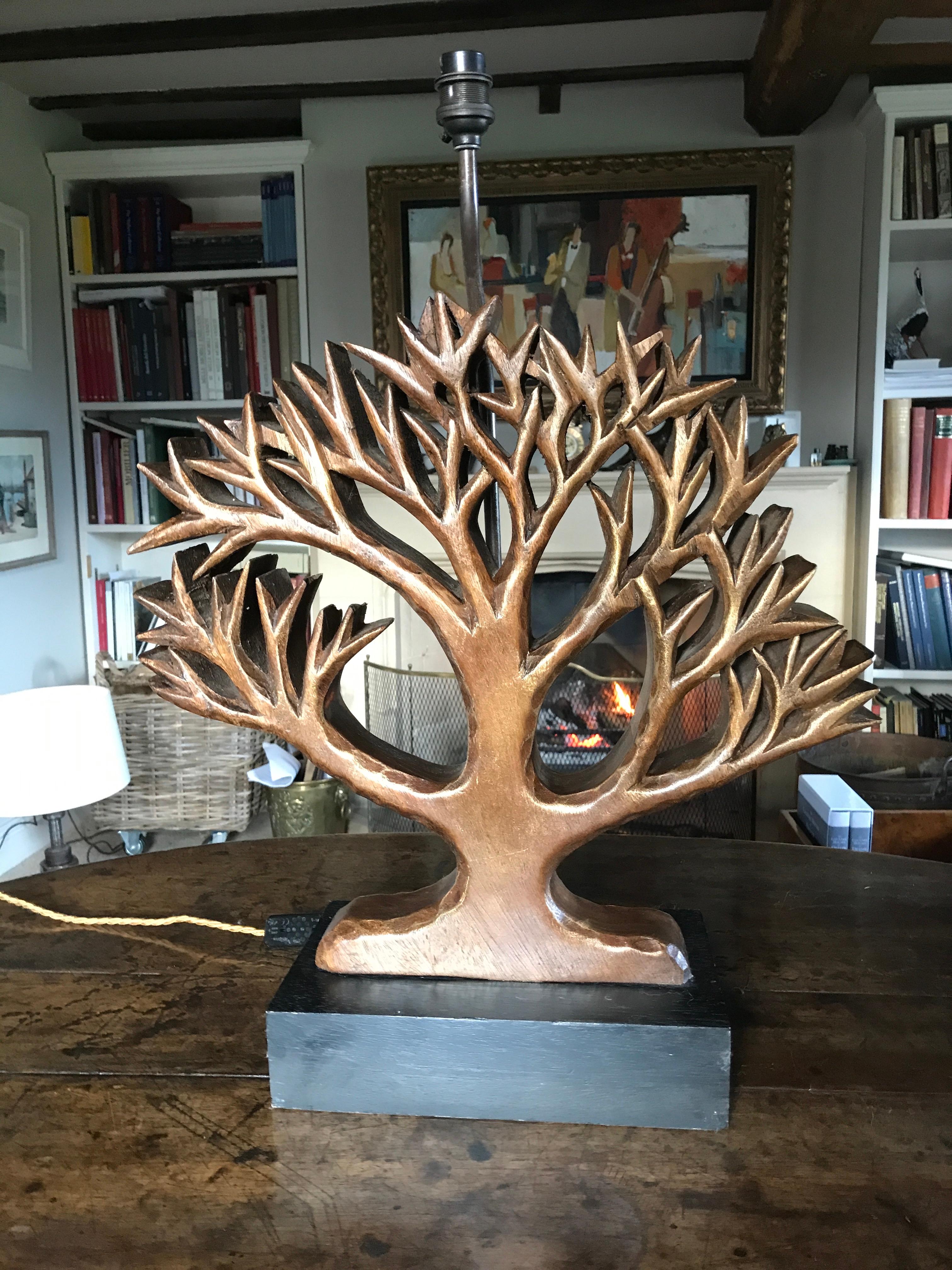 Walnut Lamp, Vintage, Tree, Arbre, Carving, Style of Diego Giacometti, Gilded For Sale