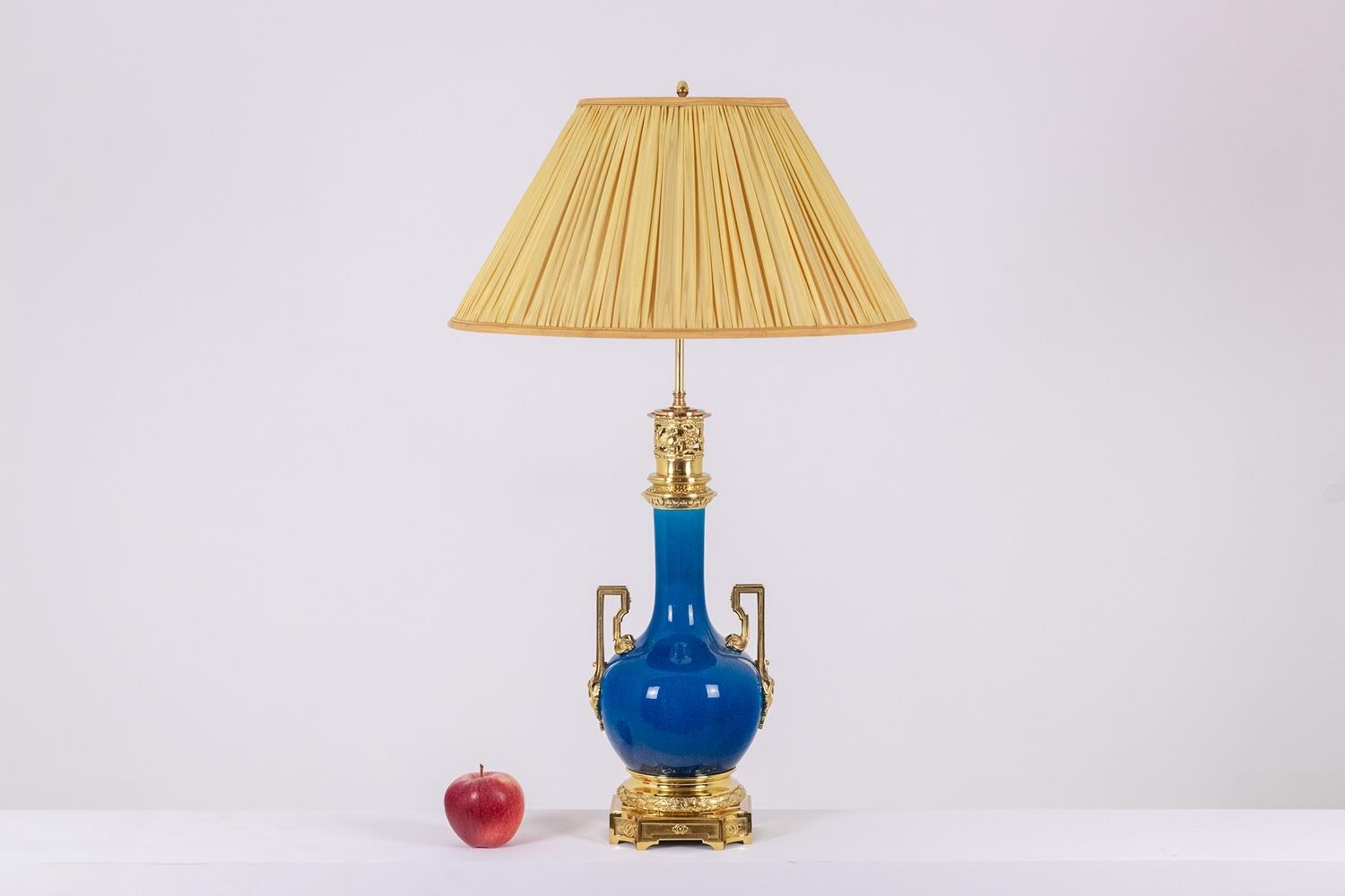 Napoleon III Lamp with blue porcelain and gilded bronze handles. Circa 1880. For Sale