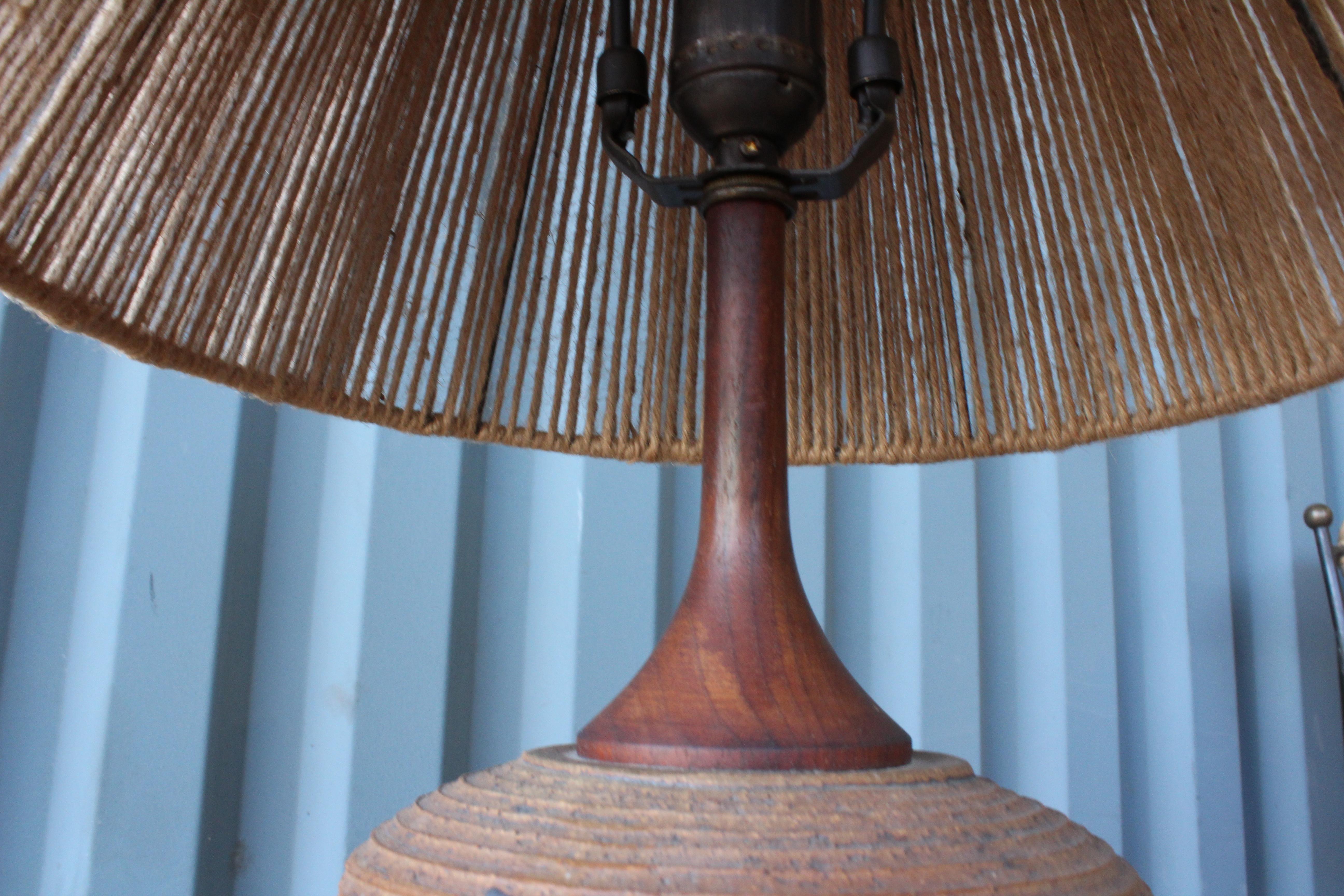 Stoneware Lamp with Jute Shade by Tom McMillin, California, 1960s
