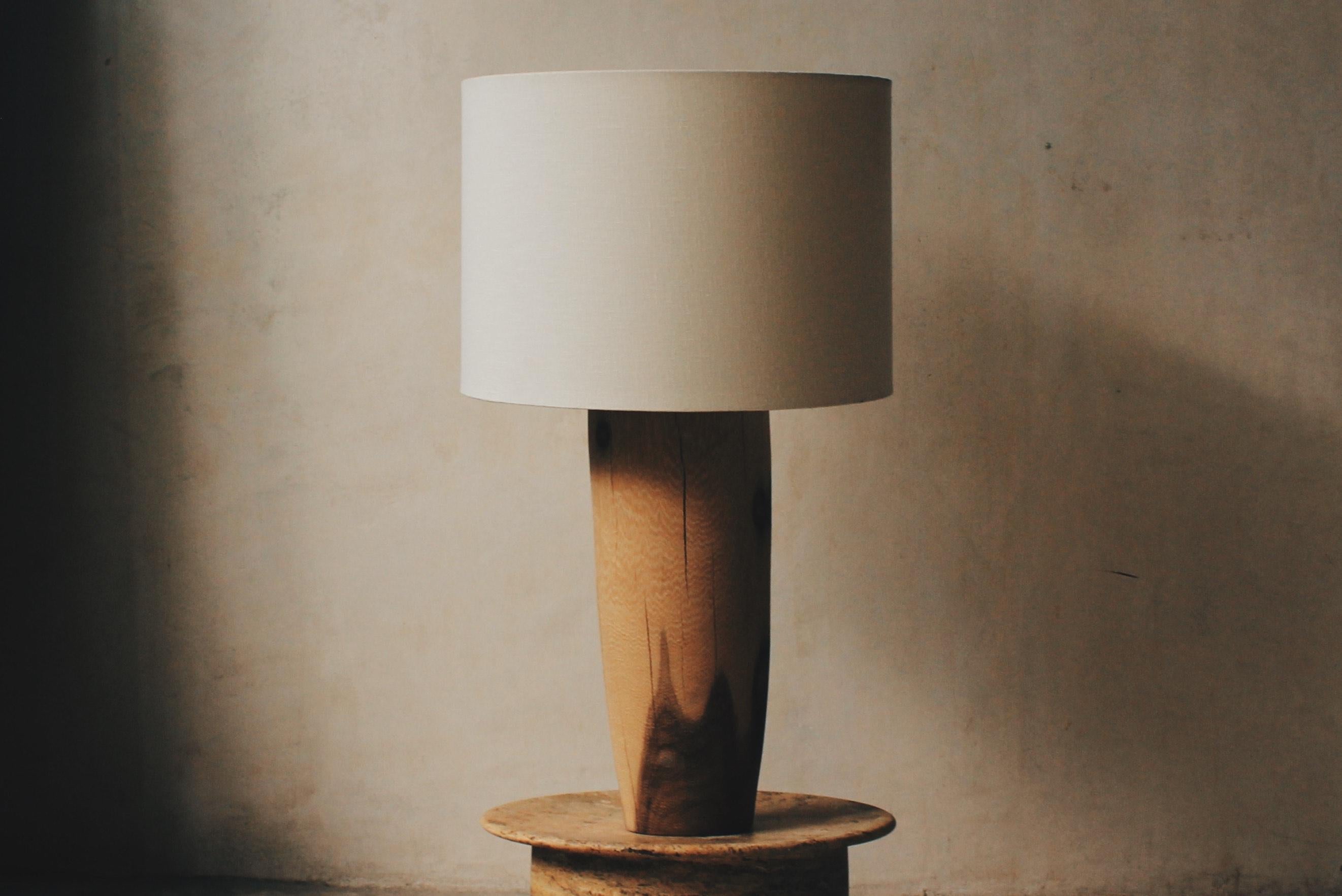 Lamp with Solid Wood Base of Soap and Linen Screen by Daniel Orozco.
Dimensions: D 14 x H 73 cm.
Materials: Wood, Linen.

All our lamps can be wired according to each country. If sold to the USA it will be wired for the USA for
