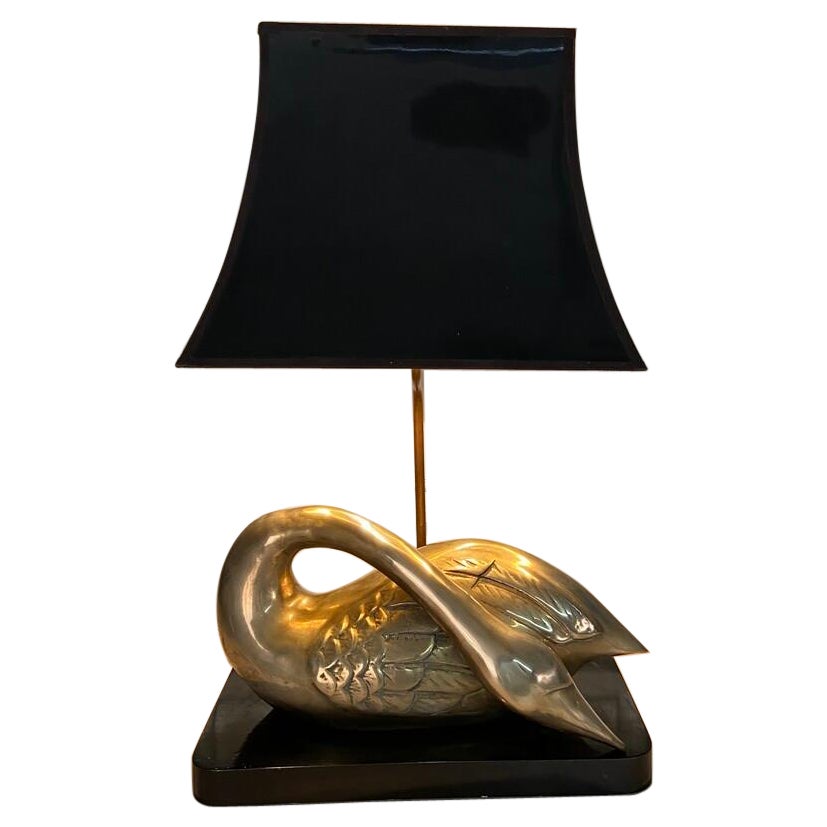 Lamp with Swan Motif in Solid Brass For Sale