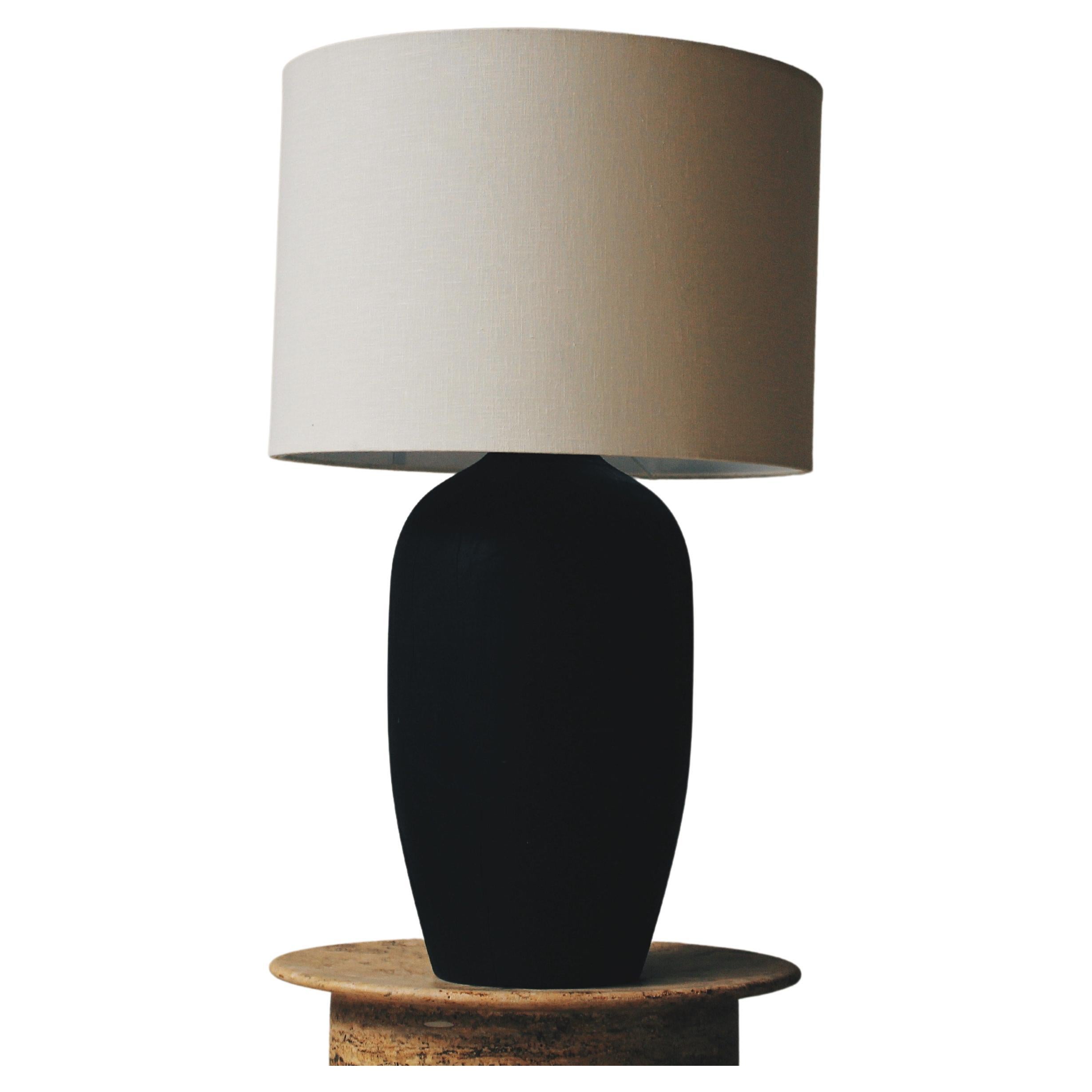 Lamp with Wooden Base Burned and Linen Shade by Daniel Orozco For Sale