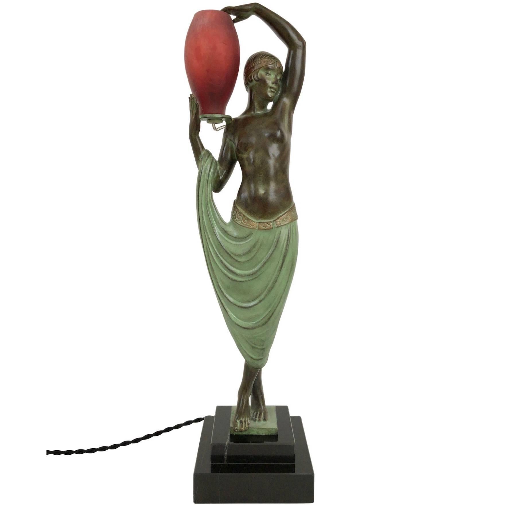 Lamp, Sculpture in Spelter, Odalisque by Fayral, Original Max Le Verrier