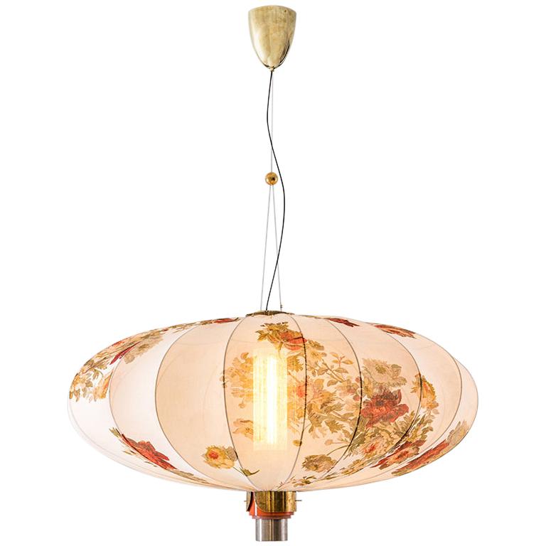 ORIENTE Modern Ceiling Pendant Lamp in Brass & Printed Silk by Dimoremilano