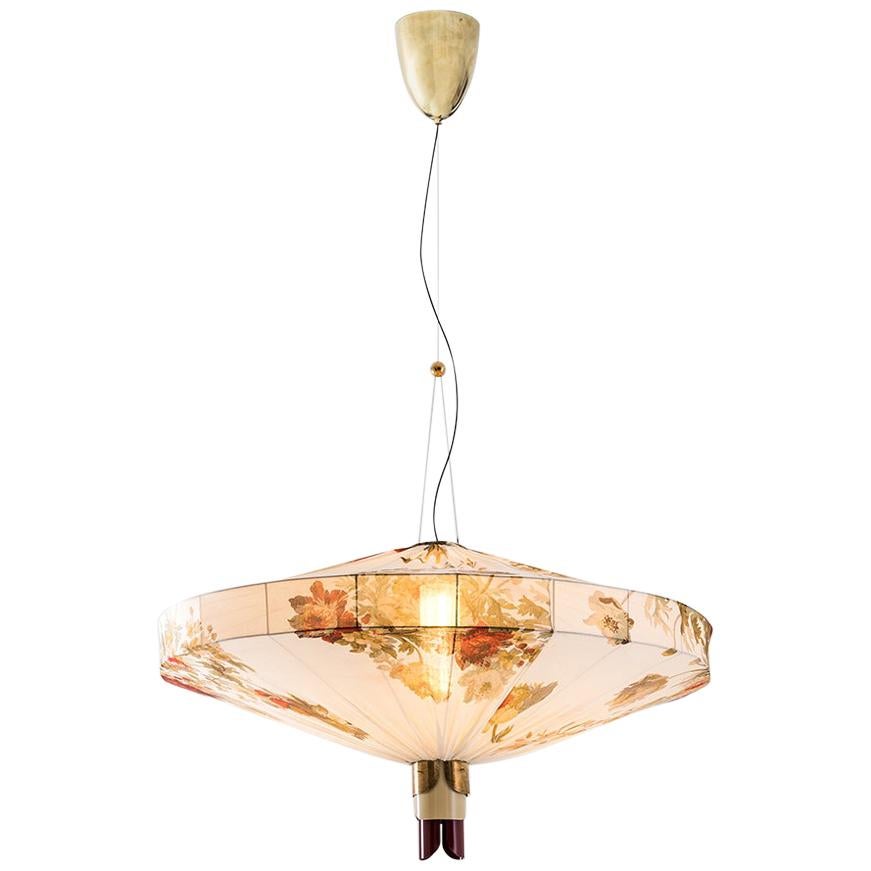 ORIENTE Modern Ceiling Pendant Lamp in Brass & Printed Silk by Dimoremilano