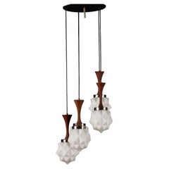 Lampada a Cinque Luci Anni '60 '70 in metallo teak e vetro bianco