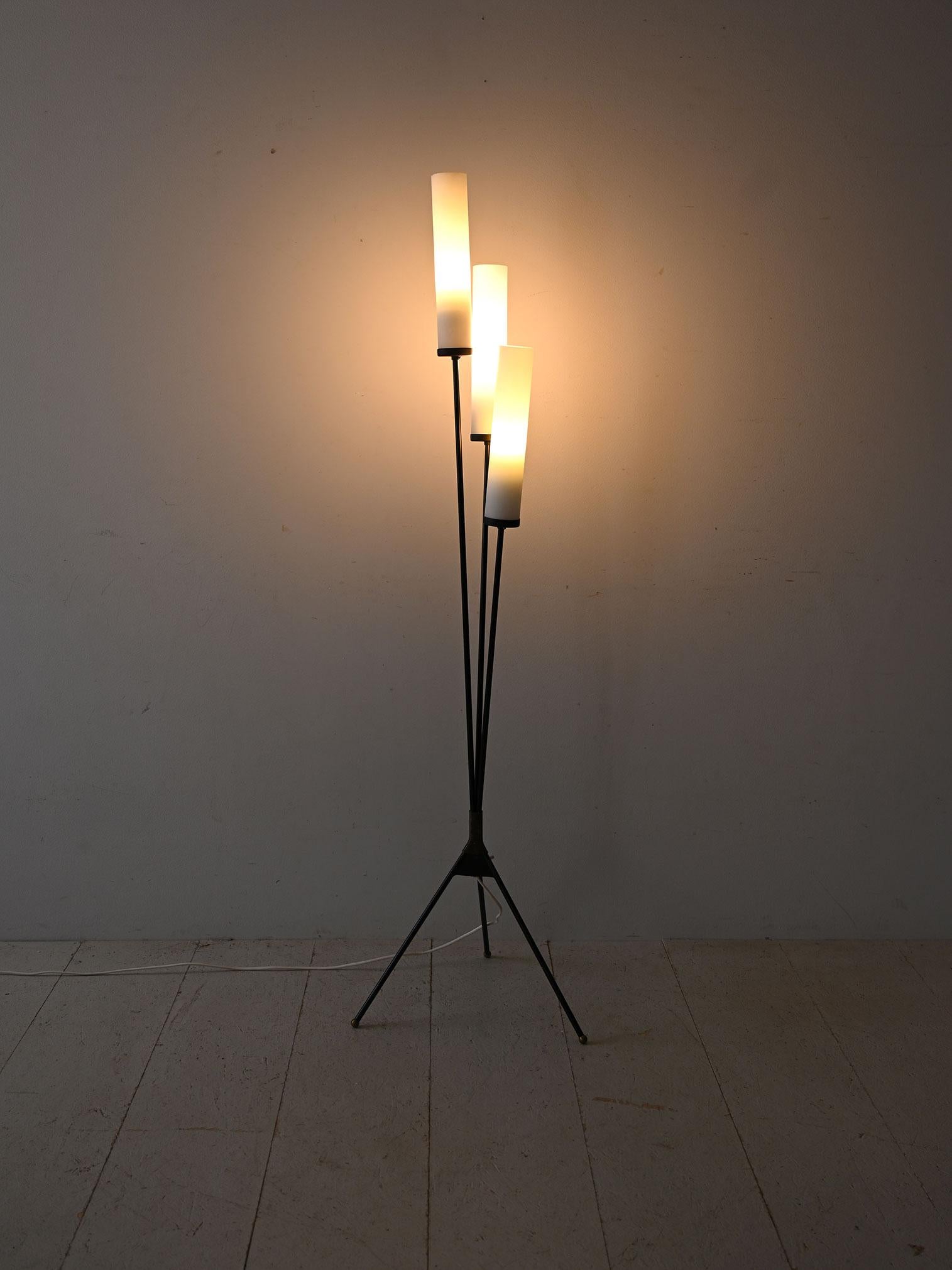 Lámpara de pie con tres brazos de metal negro y tres puntos de luz. 
La estructura principal de la lámpara es de metal negro, lo que confiere al conjunto un aspecto moderno y sofisticado.
Las pantallas cónicas difunden una luz cálida y envolvente en