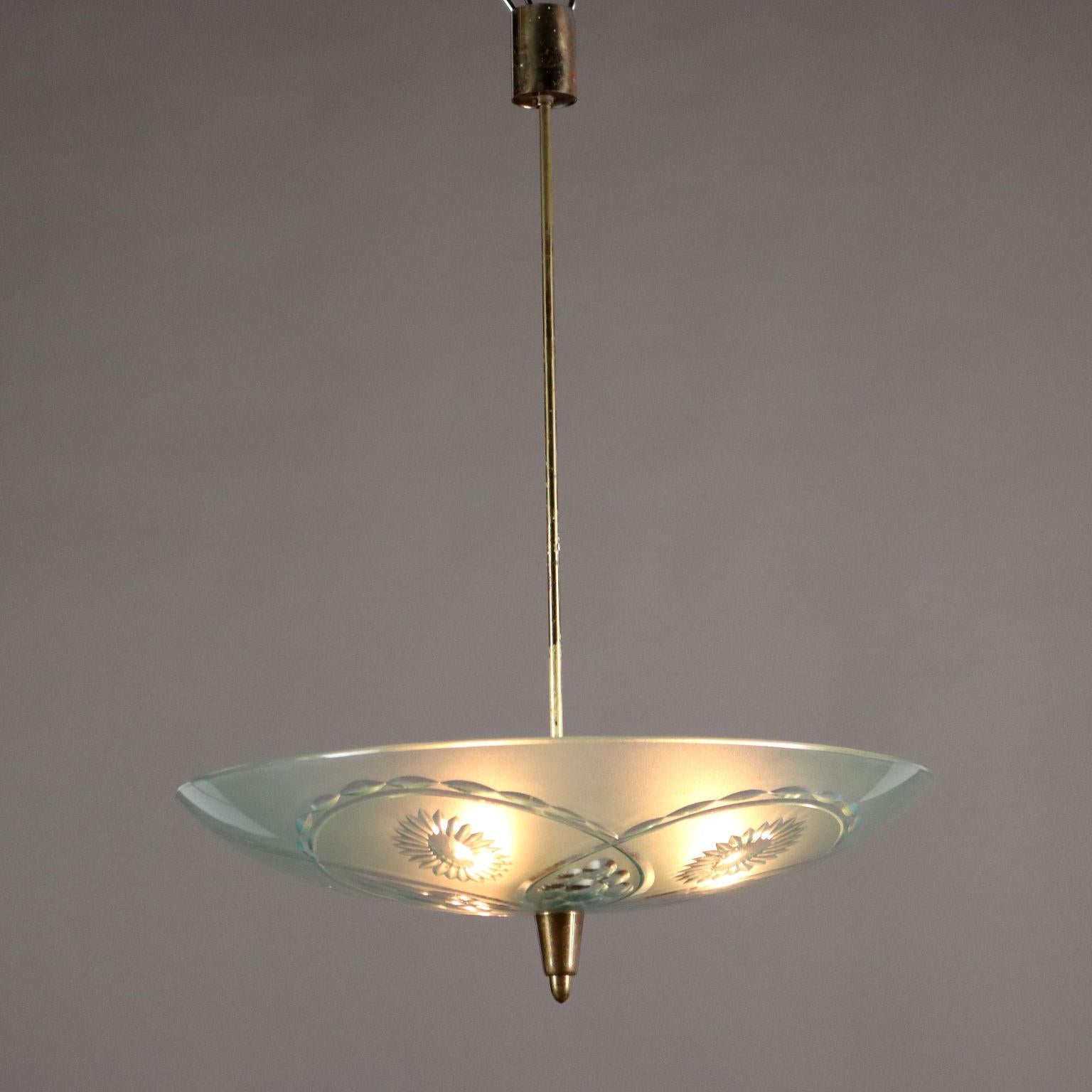 Lampada a soffitto, vetro e ottone. 