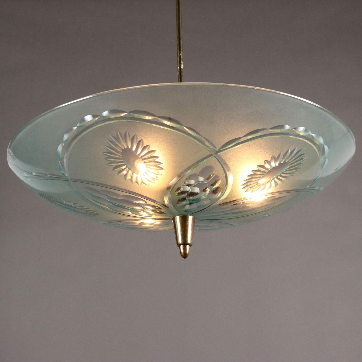 Italian Lampada a Soffitto in Vetro Decorato Anni 50-60 in vendita