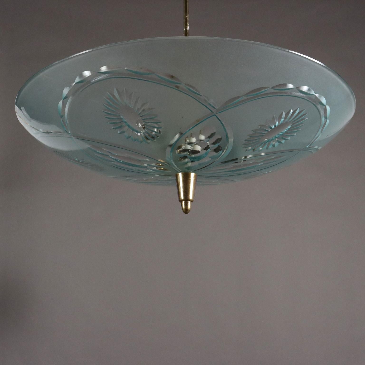 Ottone Lampada a Soffitto in Vetro Decorato Anni 50-60 in vendita
