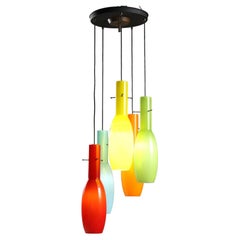 1960s Pendant Lamp with Colored Glass and Five Light Points.