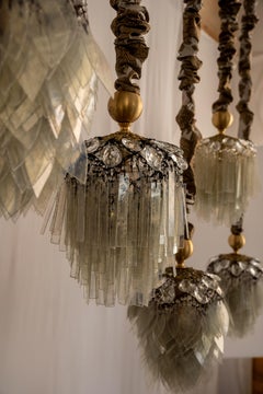 Madame Max handmade pendant lamp in fiberglass, glass, brass, fabric