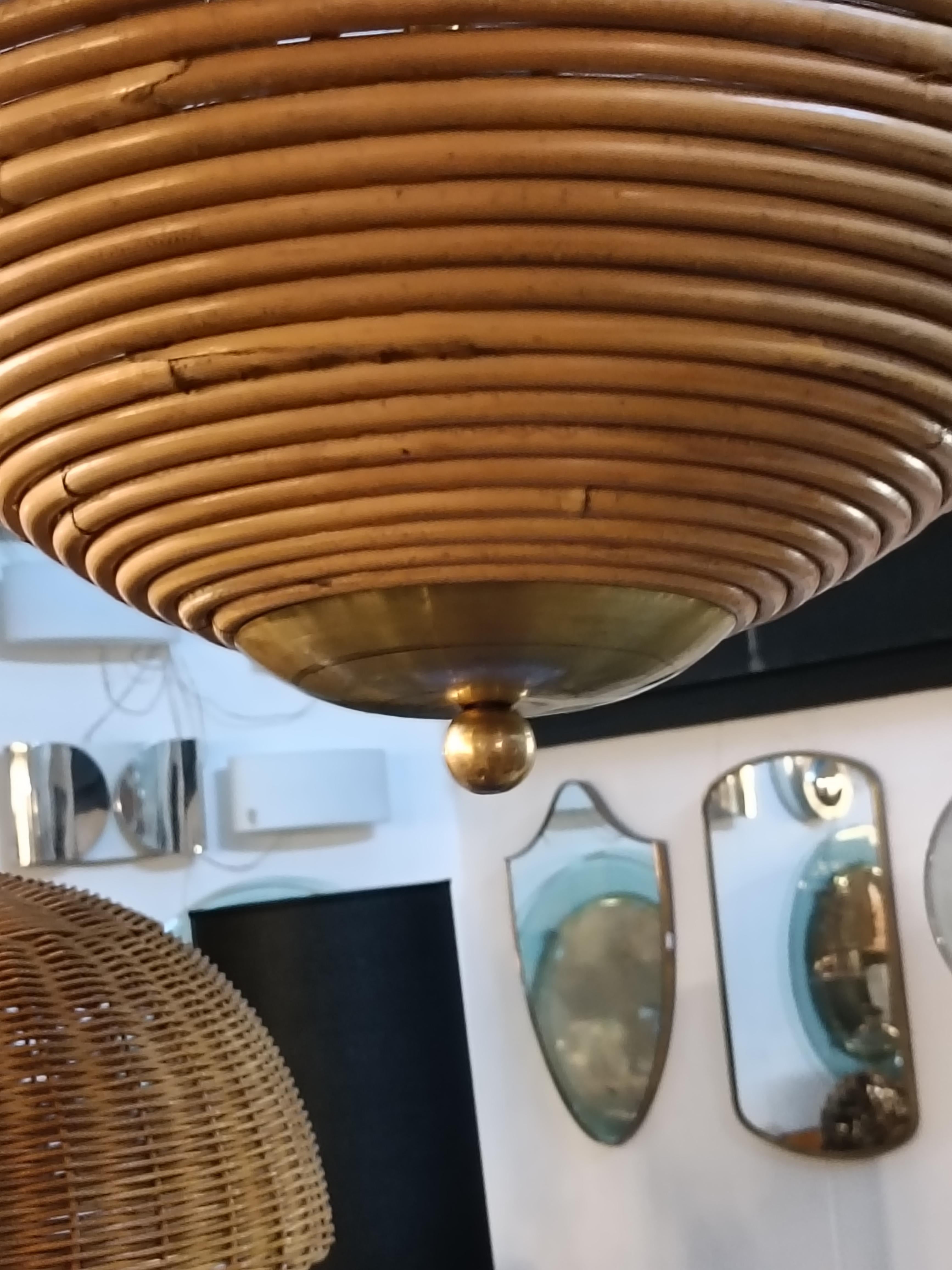 Mid-Century moderno Lampada a Sospensione in Bambu' e Ottone, Italia 1970s in vendita