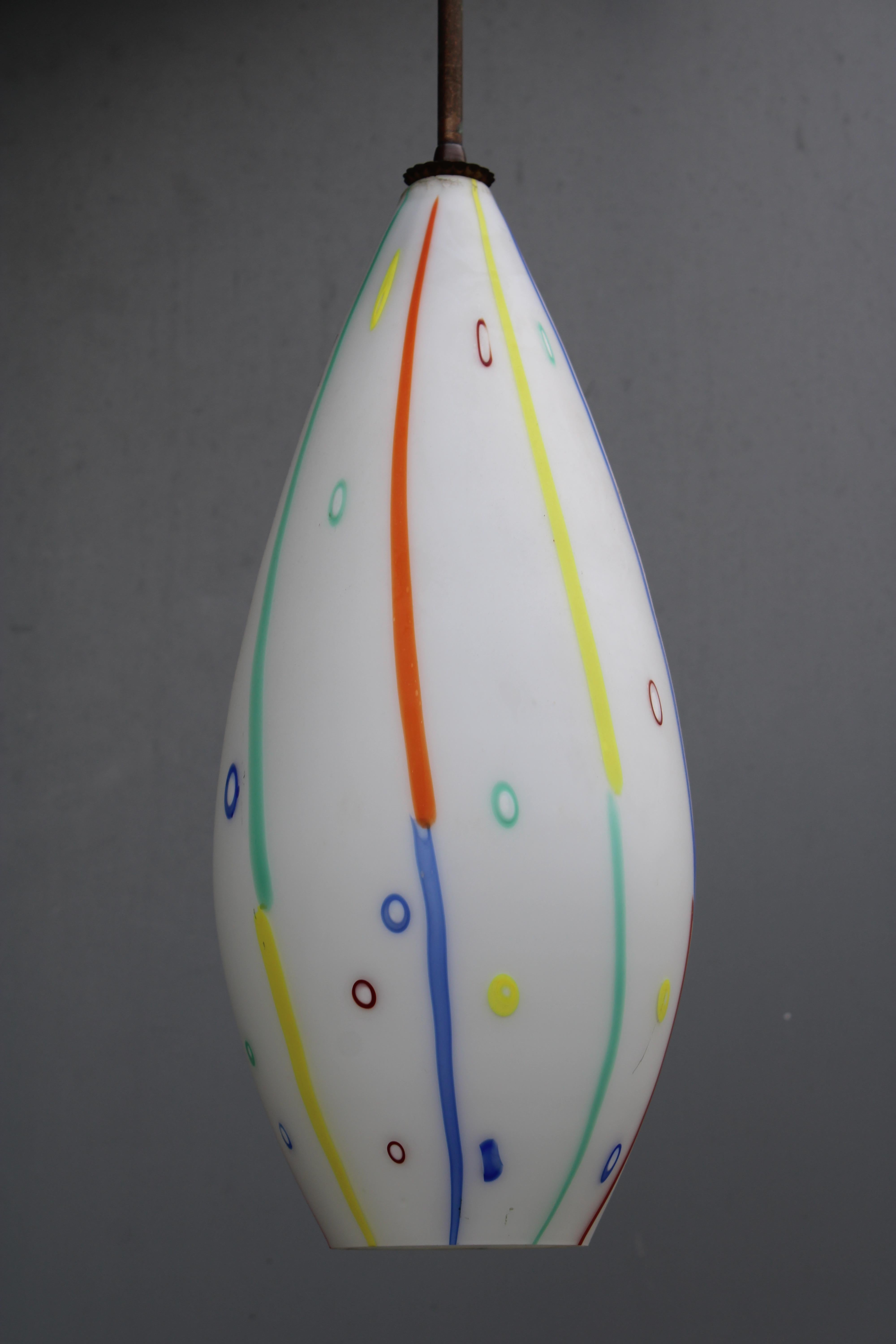 Mid-Century moderno Lampada a Sospensione in Vetro di murano Vistosi con Asta in Ottone 1950 in vendita