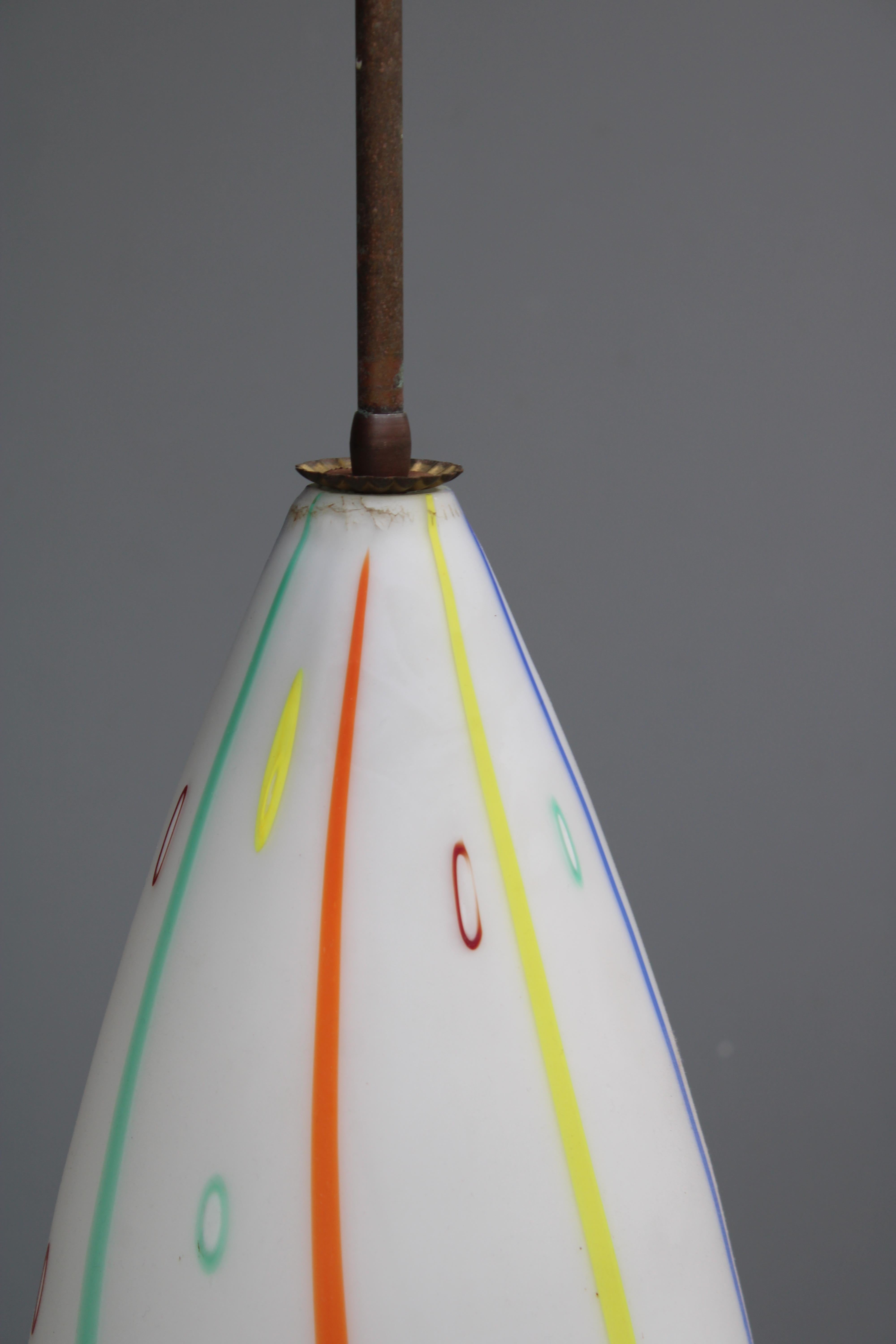 Mid-20th Century Lampada a Sospensione in Vetro di murano Vistosi con Asta in Ottone 1950 in vendita